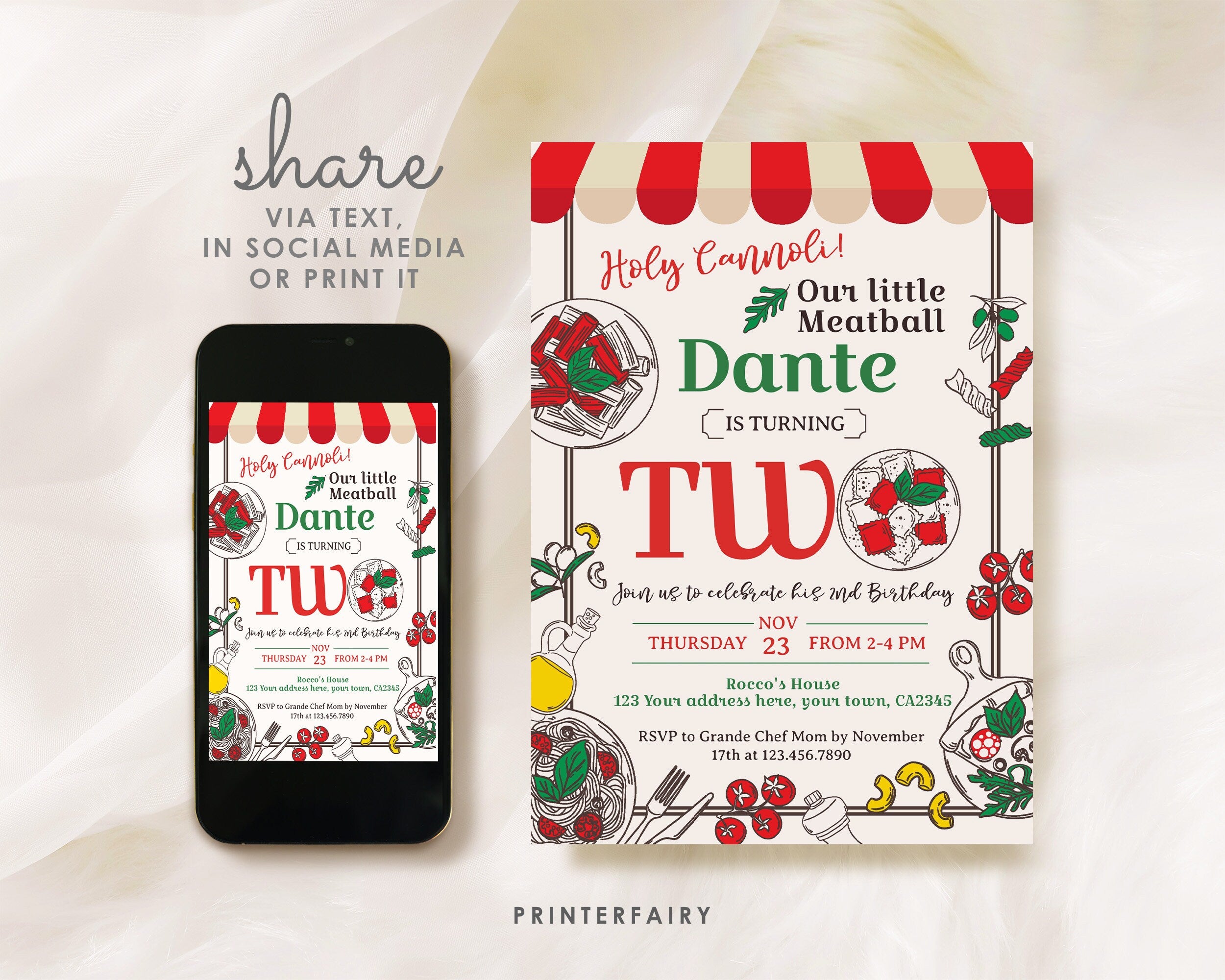 Pizza 2nd Birthday Invitation, Little Meatball, Editable Invite (Digital)