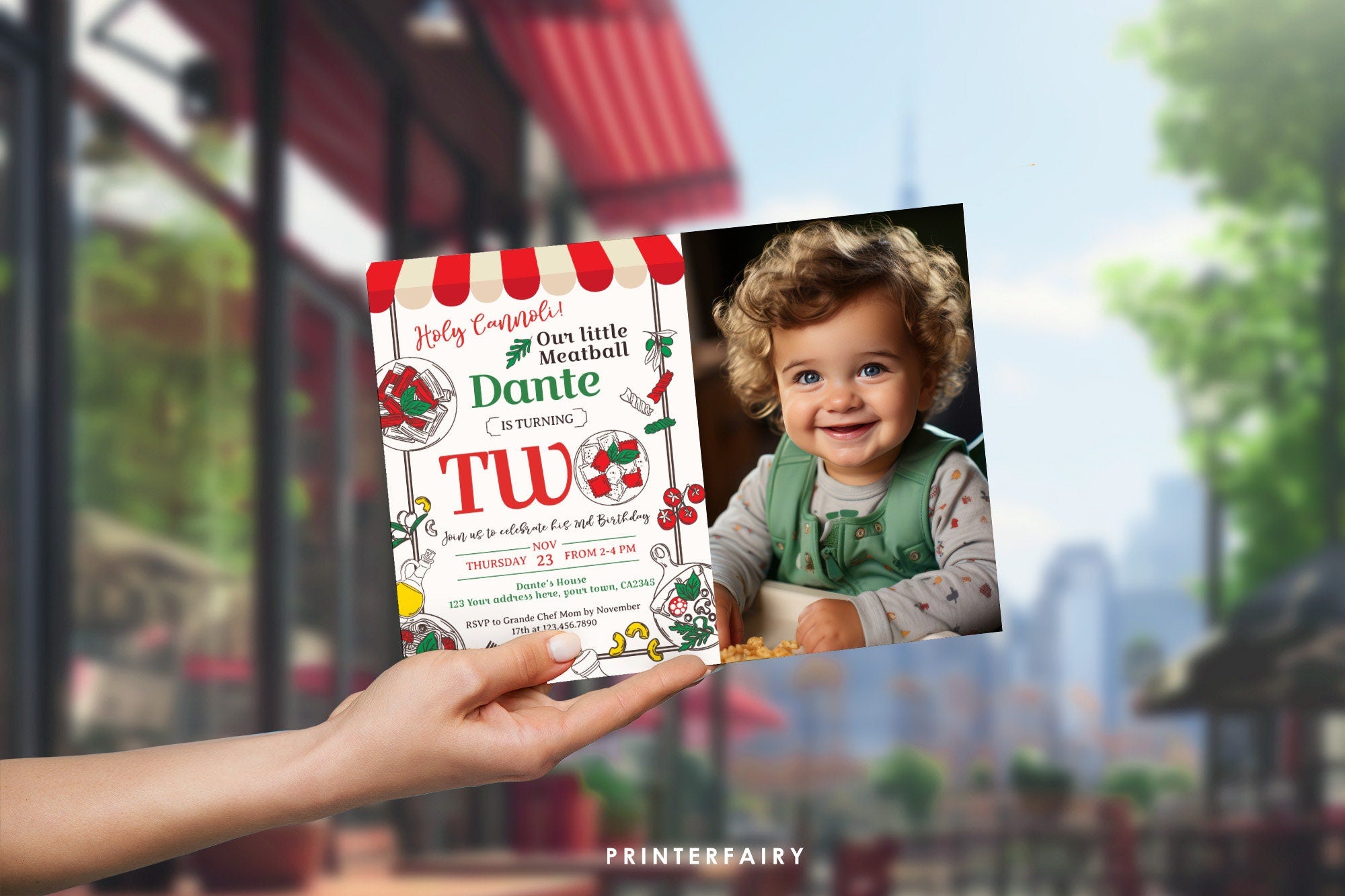 Pizza 2nd Birthday Invitation with Photo, Italian Theme (Digital Item)