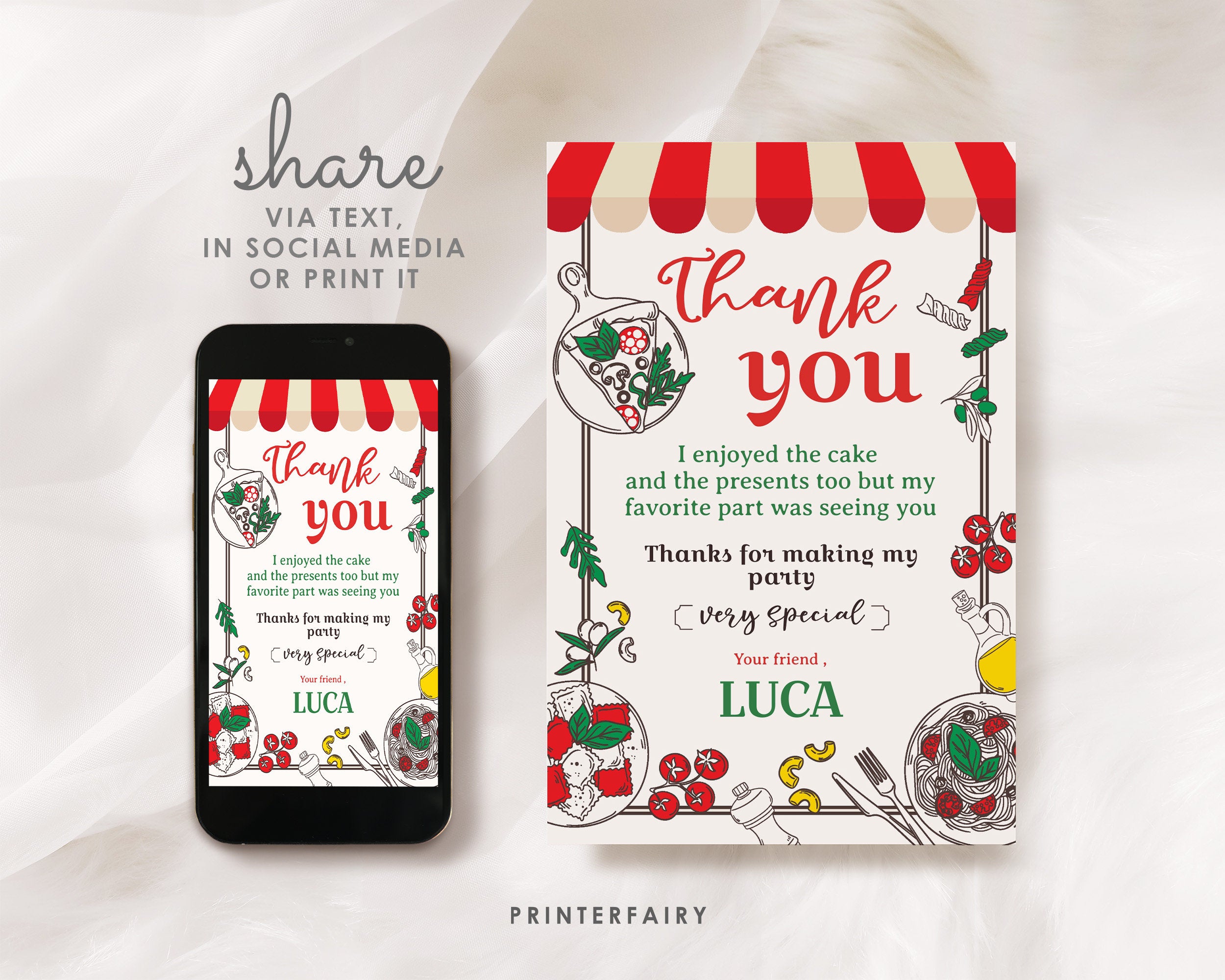 Italian Party Thank You Cards, Printable Birthday Notes (Editable)