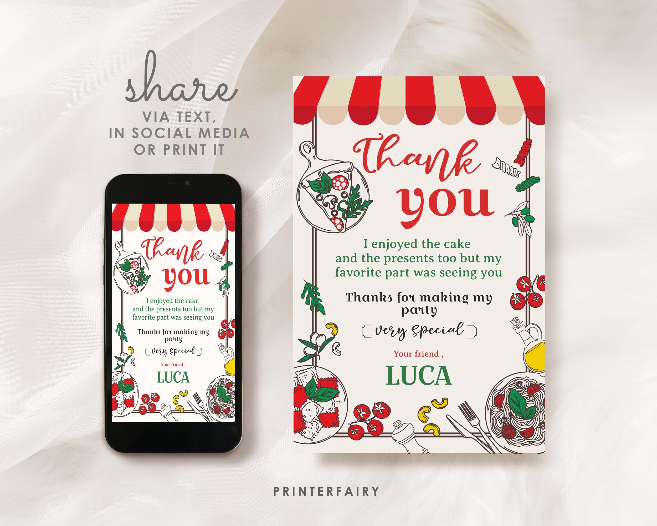 Italian Party Thank You Cards, Printable Birthday Notes (Editable)