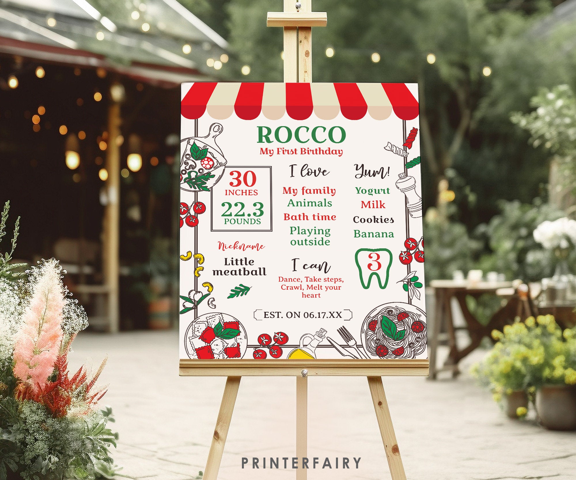 Italian First Birthday Milestones Board, Pizza Spaghetti Party (Printable Sign)