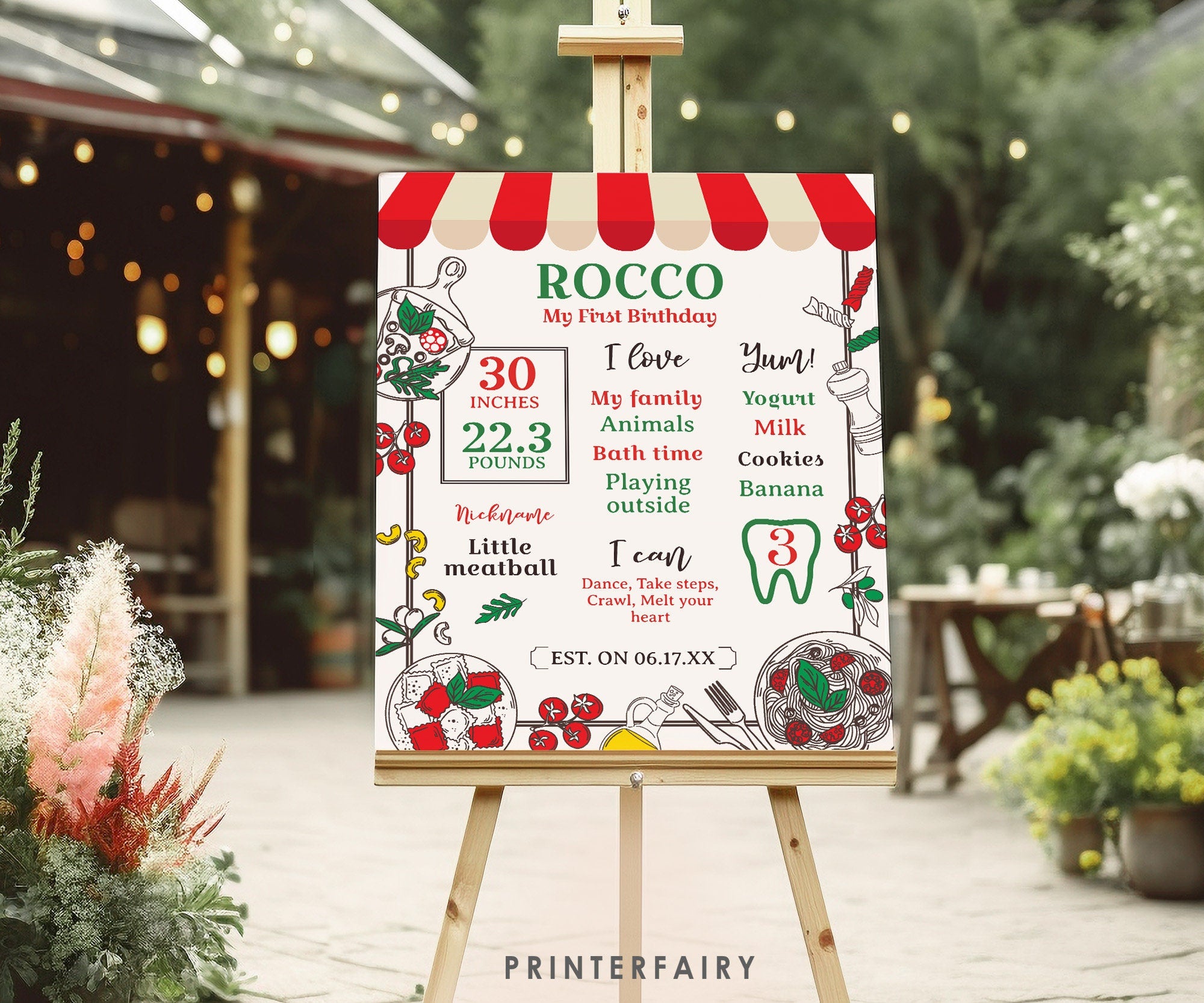 Italian First Birthday Milestones Board, Pizza Spaghetti Party (Printable Sign)