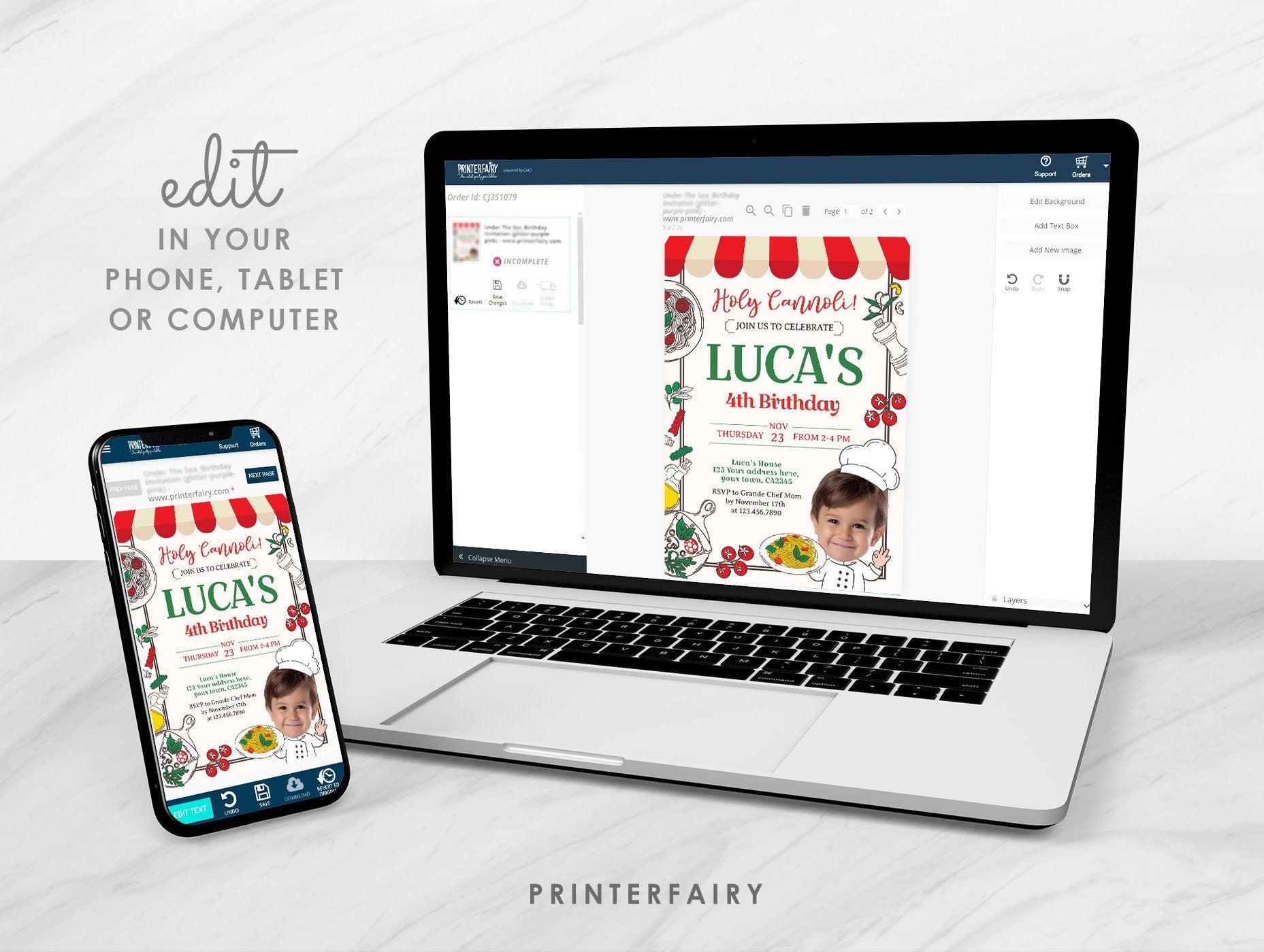 Italian Birthday Invitation with Photo, Pizza, Pasta (Printable)