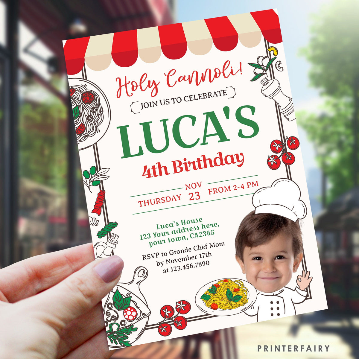 Italian Birthday Invitation with Photo, Pizza, Pasta (Printable)