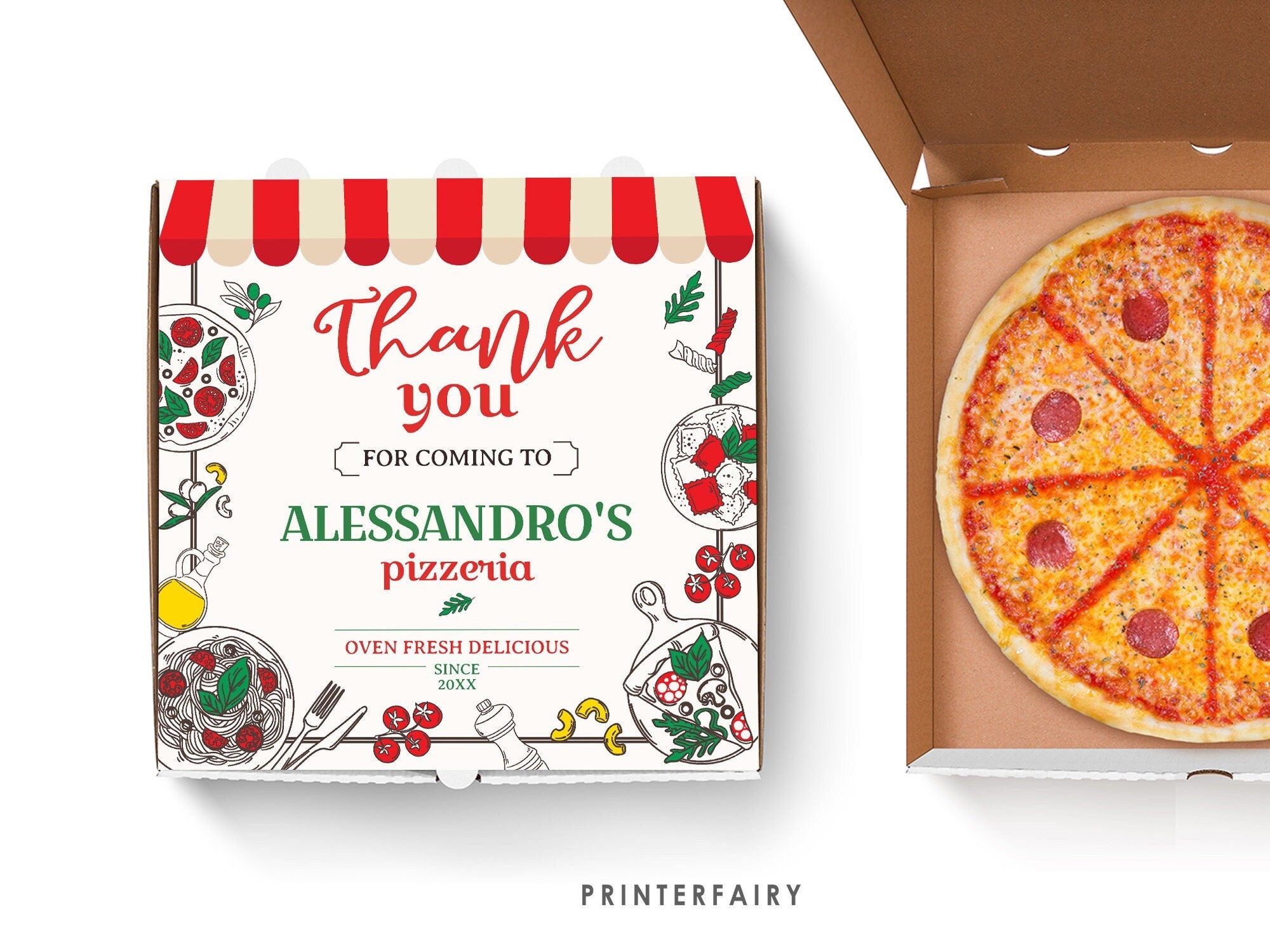 Pizza Box Printable Label, Italian Birthday Party Decor (Editable)