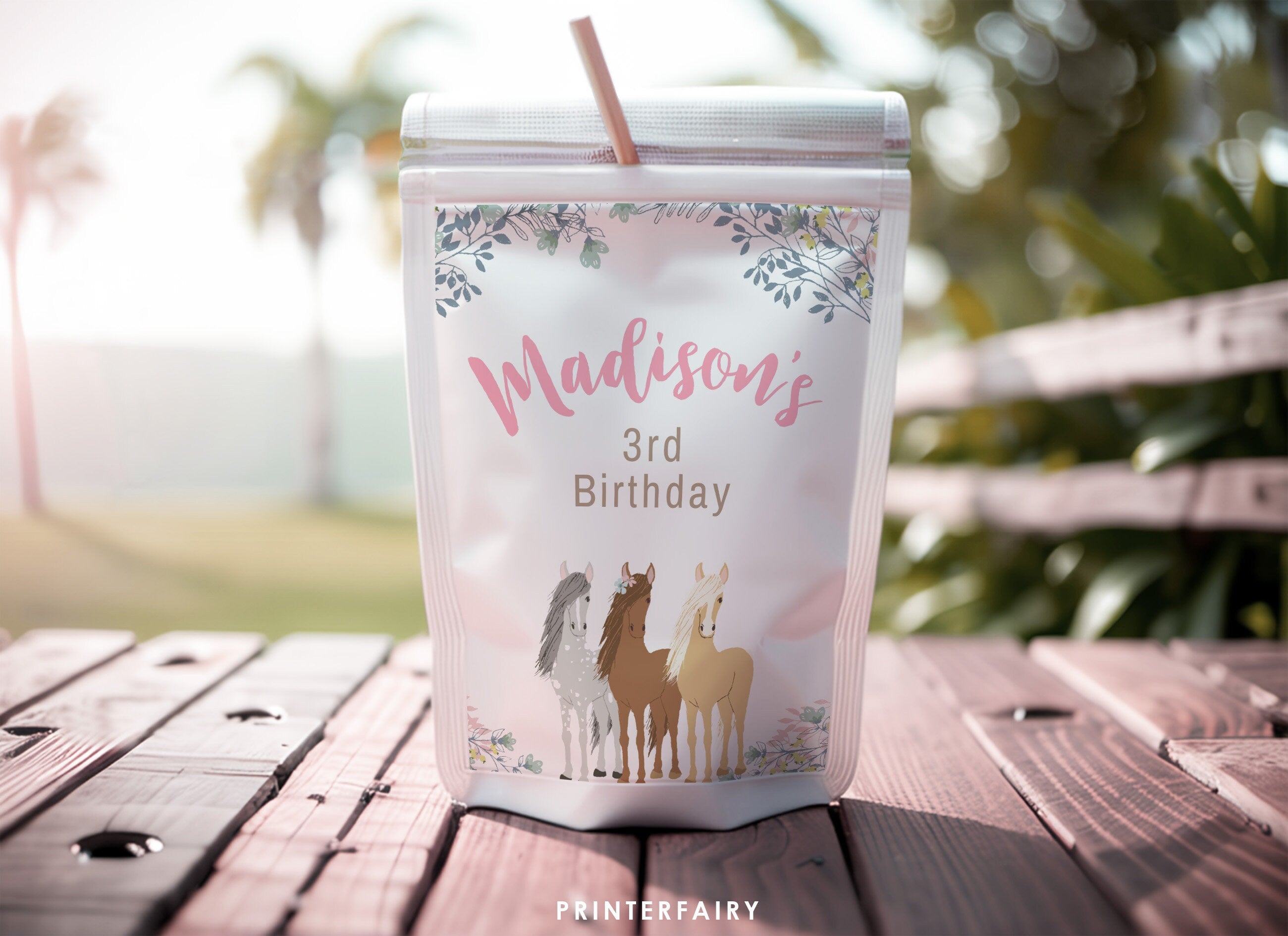 Floral Horse Drink Pouch Label, Editable Western Birthday Party (Digital Download)