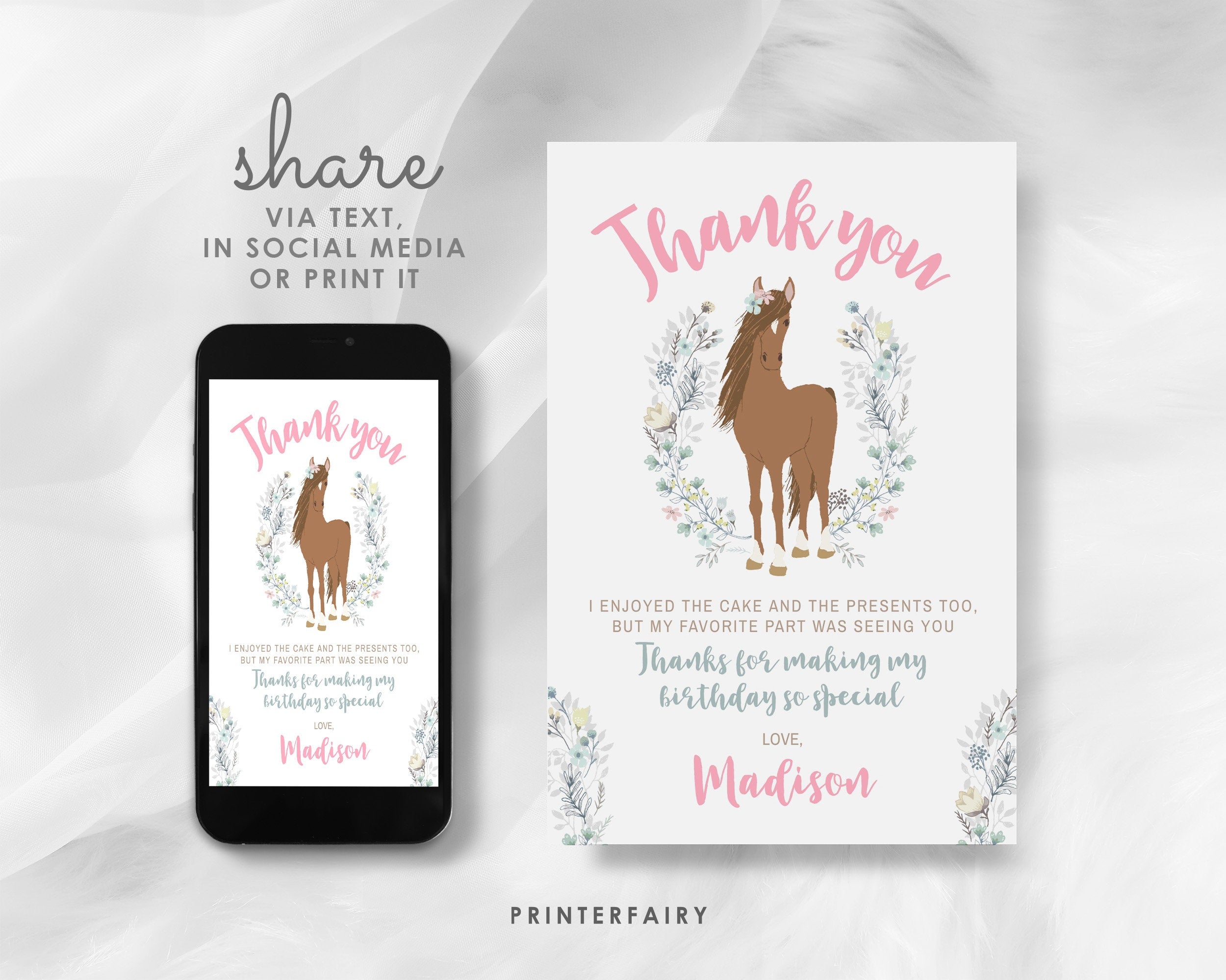 Floral Horse Thank You Card, Editable Template (Digital Download)