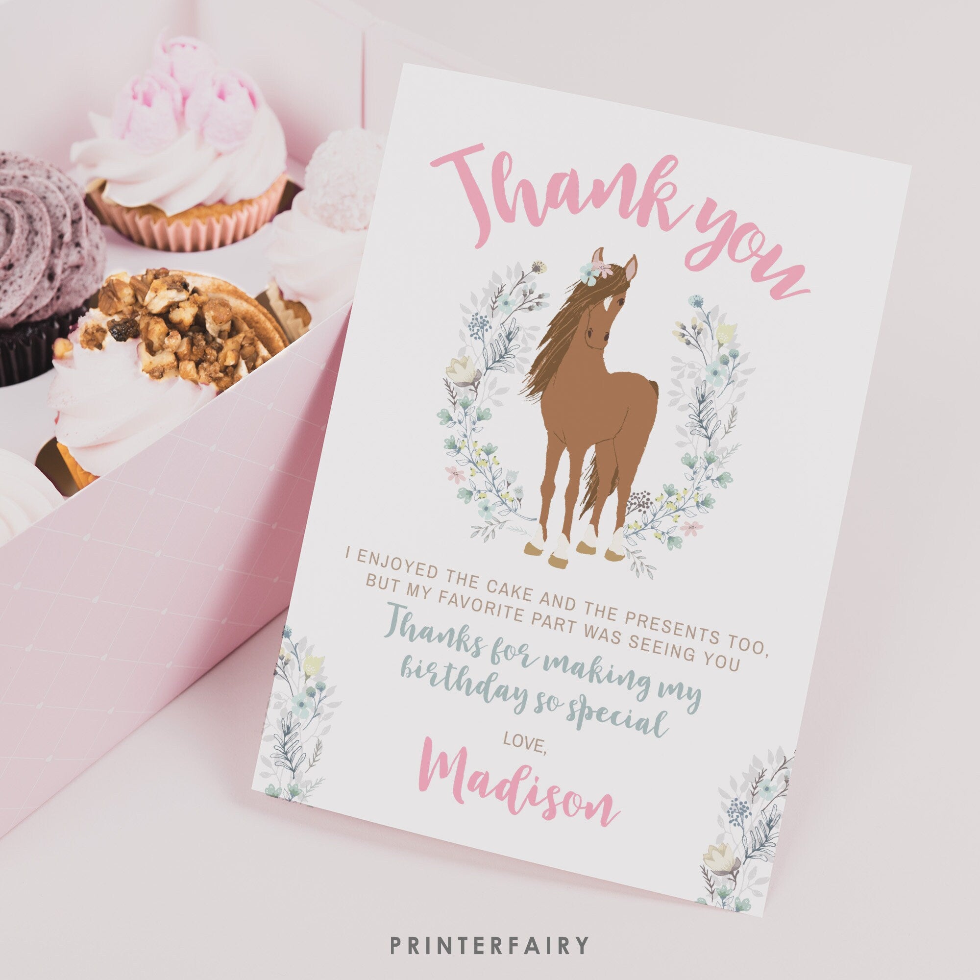 Floral Horse Thank You Card, Editable Template (Digital Download)