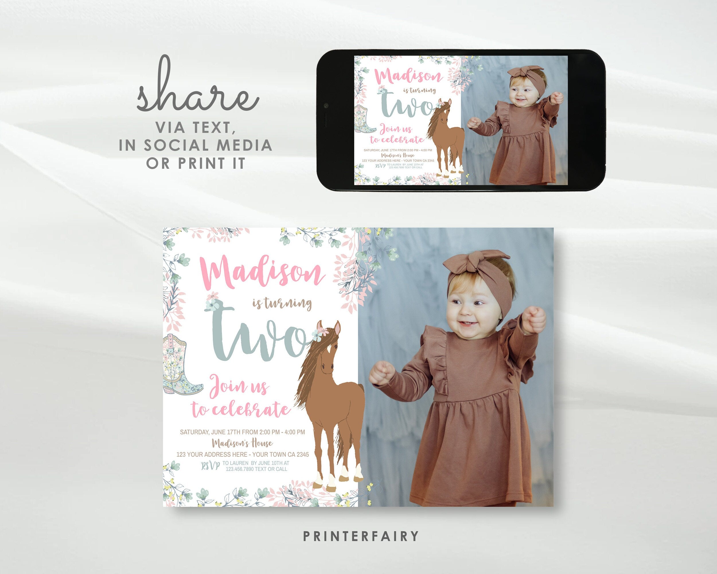 Floral Horse 2nd Birthday Invitation with Photo, Editable (Digital Download)