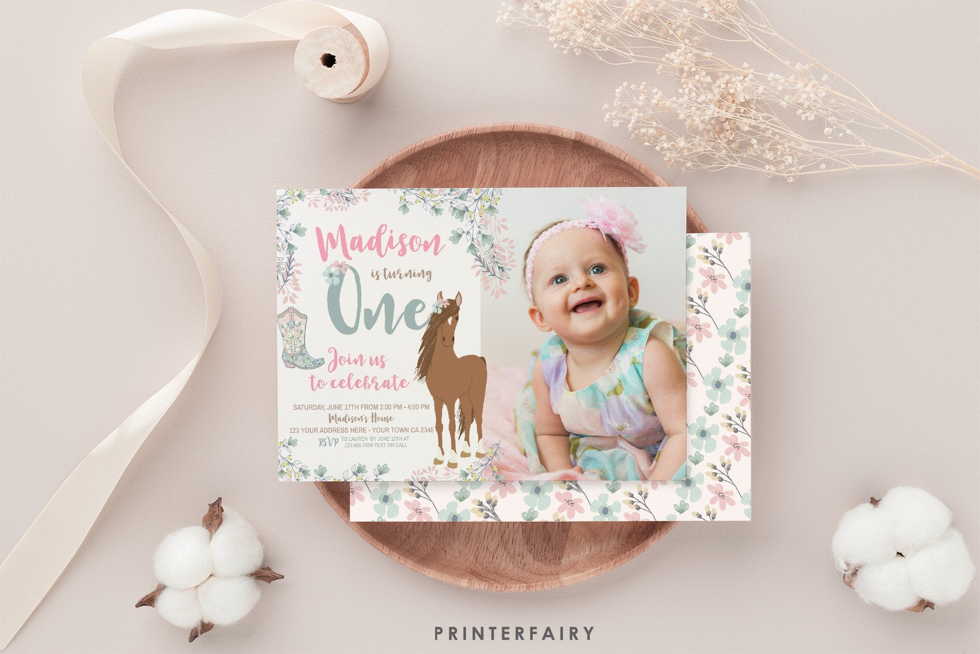 Floral Horse 1st Birthday Invitation with Photo (Digital Download)