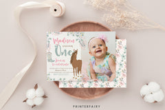 Floral Horse 1st Birthday Invitation with Photo (Digital Download)