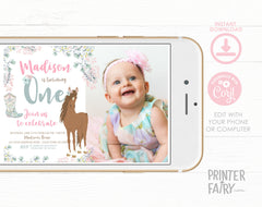 Floral Horse 1st Birthday Invitation with Photo (Digital Download)