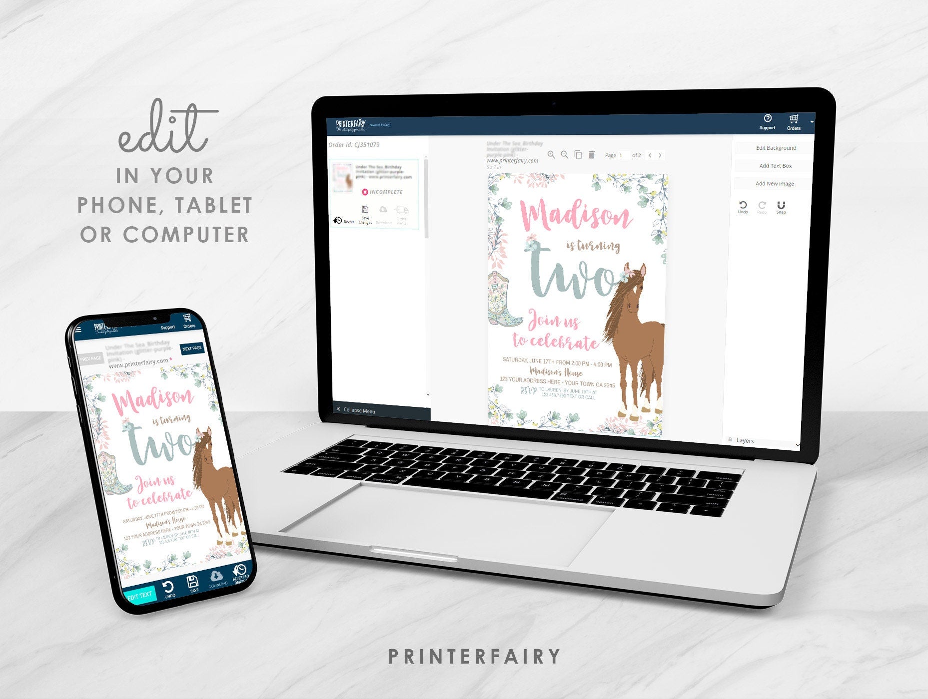 Floral Horse 2nd Birthday Invitation, Editable Pony Party (Digital Download)