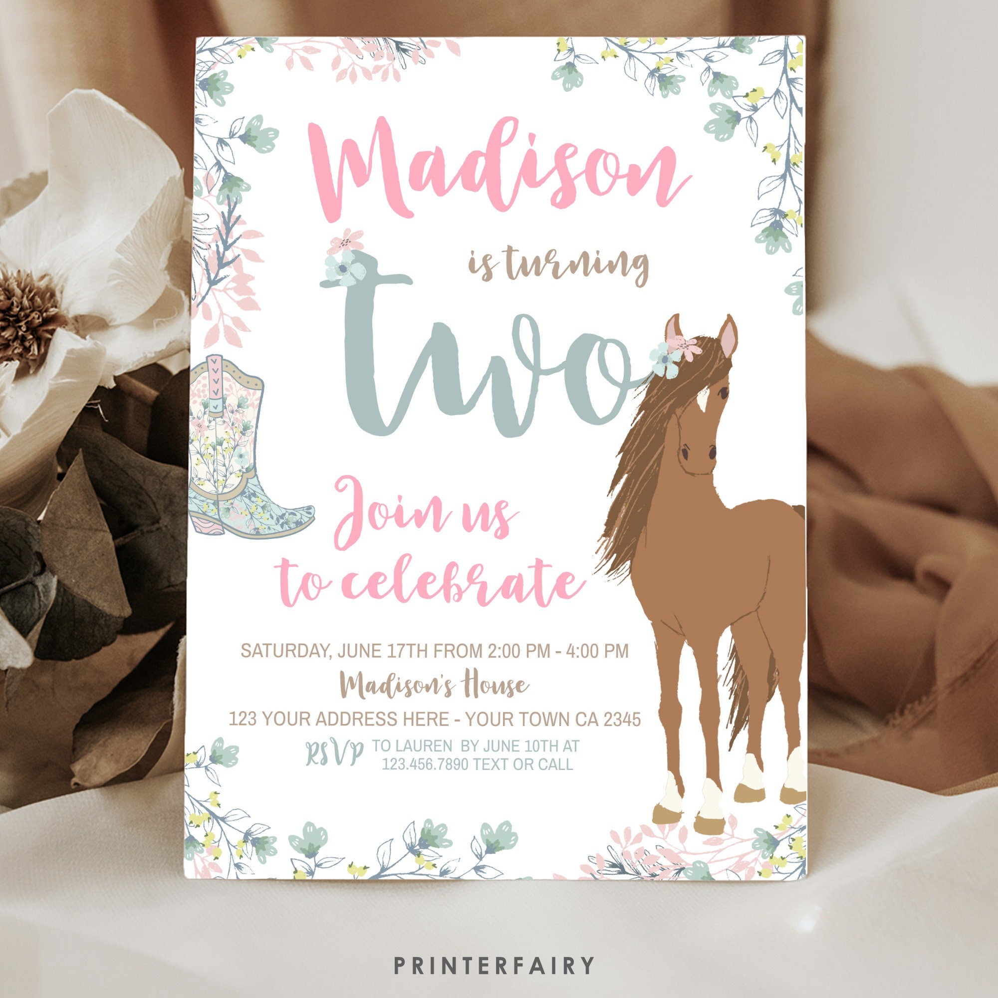 Floral Horse 2nd Birthday Invitation, Editable Pony Party (Digital Download)