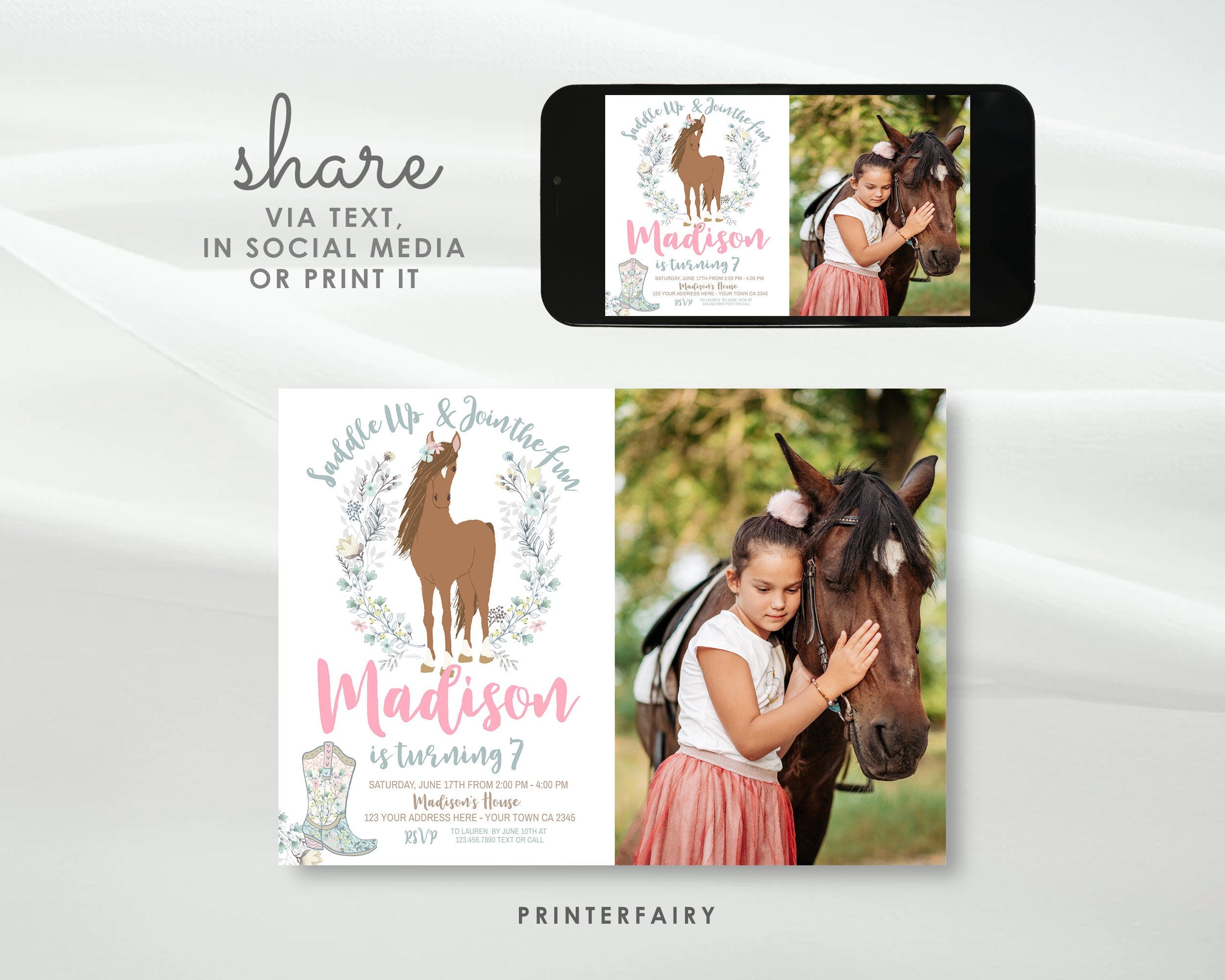 Floral Horse Birthday Invitation with Photo (Instant Download)