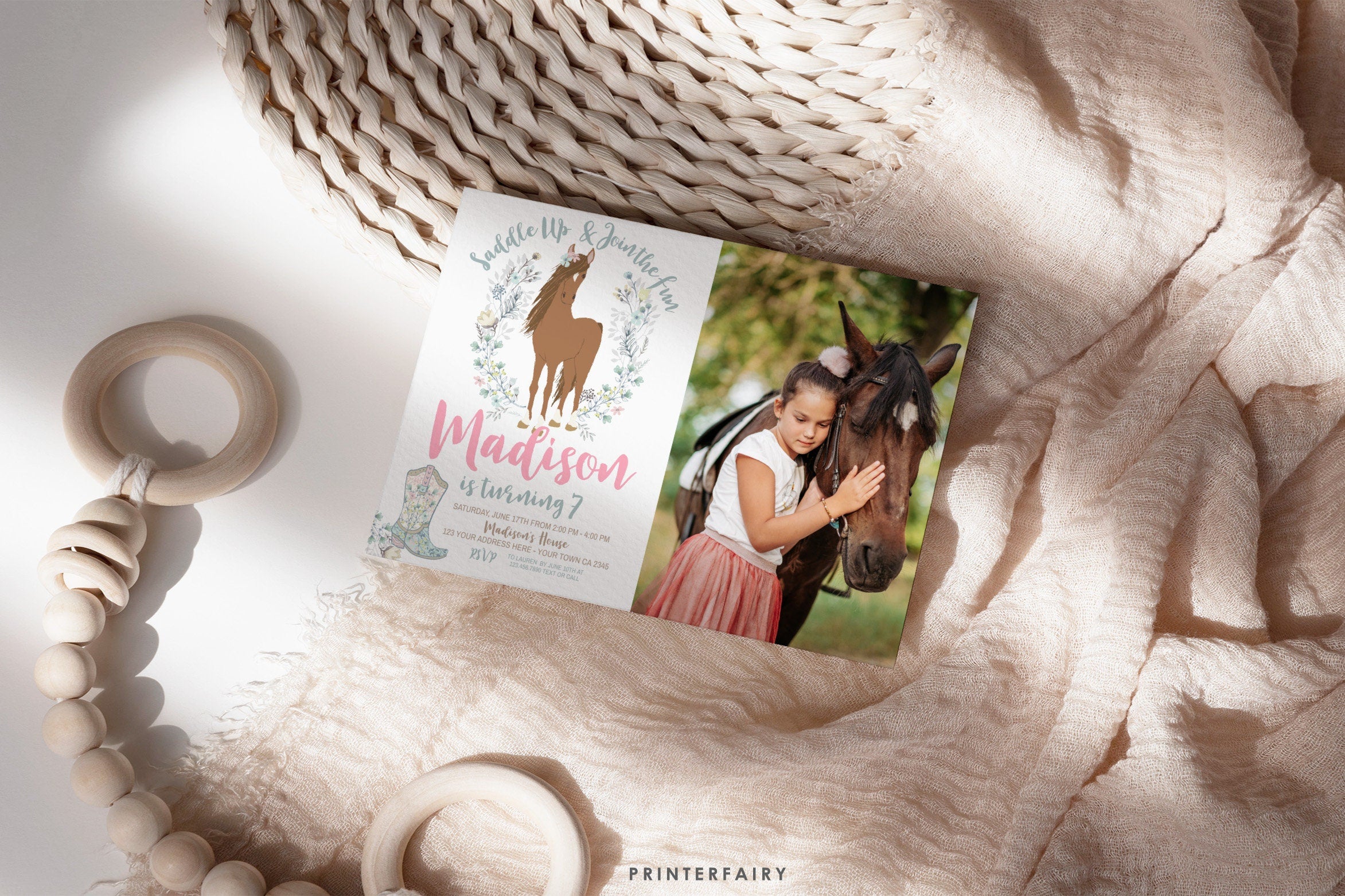 Floral Horse Birthday Invitation with Photo (Instant Download)