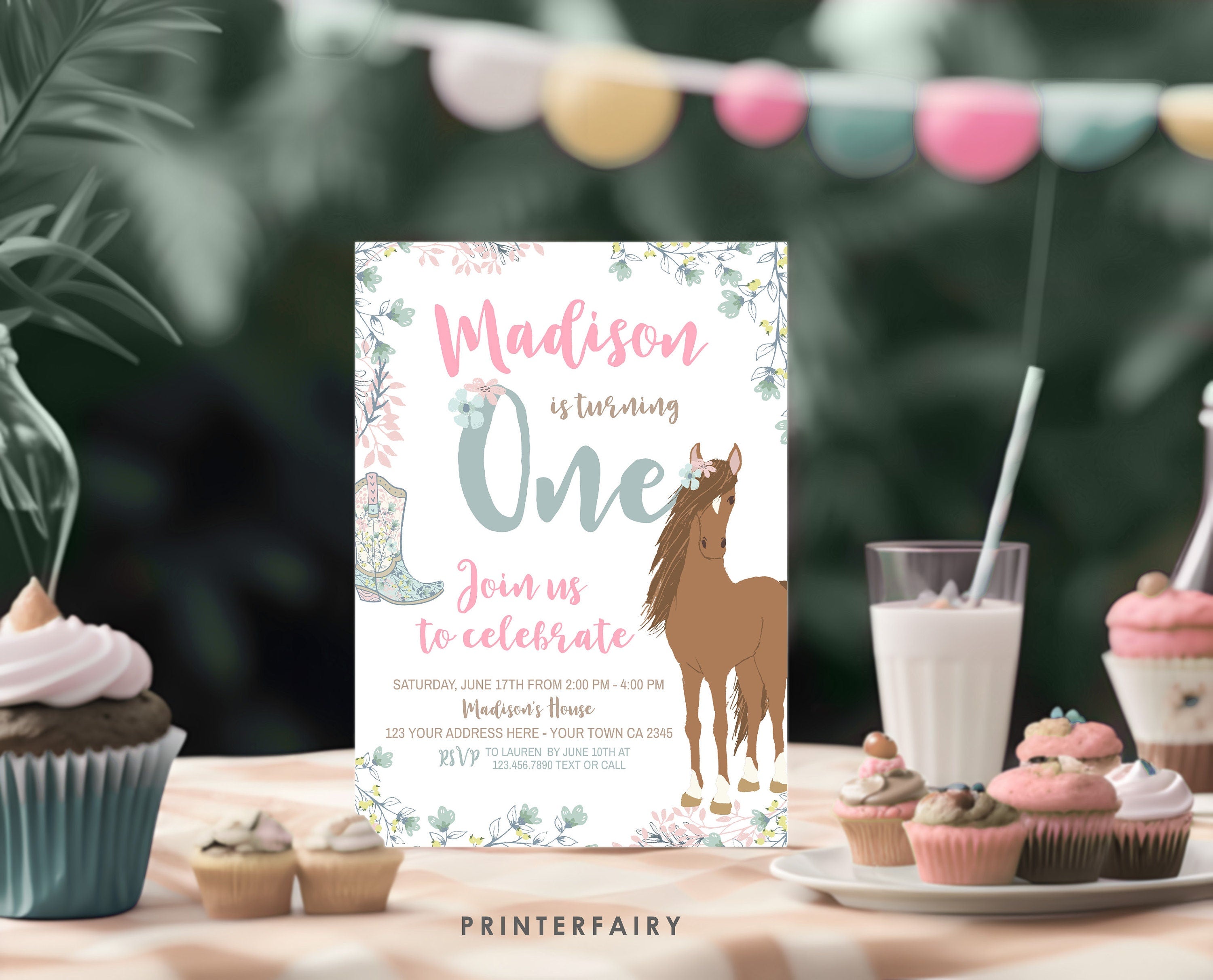 Floral Horse 1st Birthday Invitation, Western Party (Editable Template)