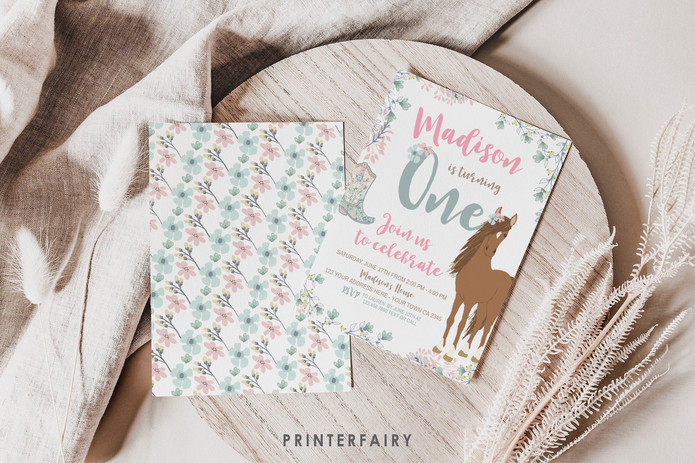 Floral Horse 1st Birthday Invitation, Western Party (Editable Template)
