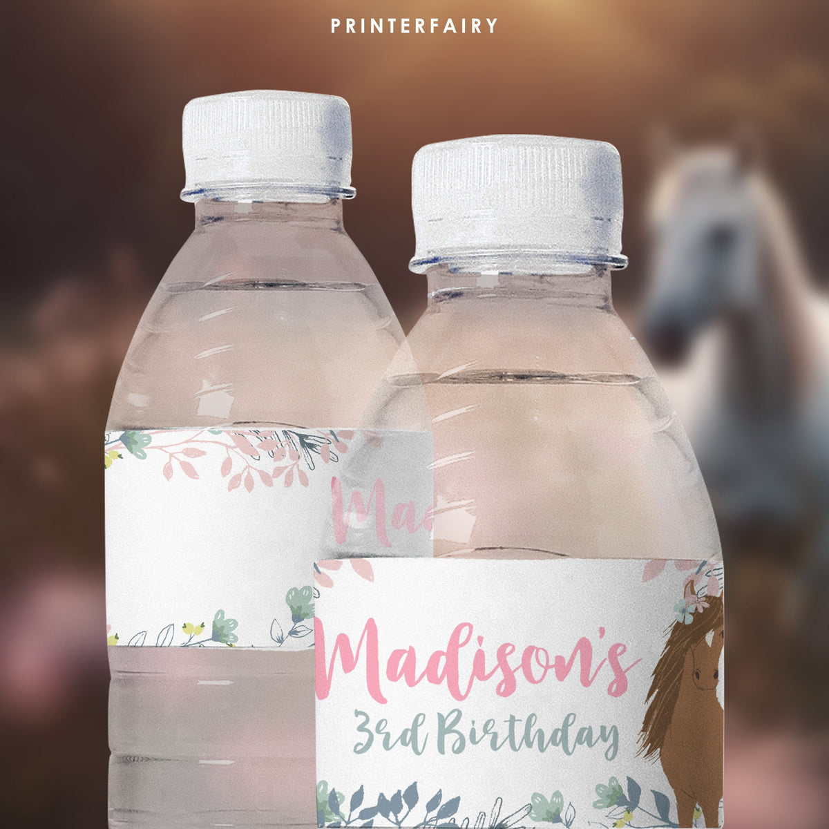 Floral Horse Birthday Water Bottle Labels, Editable (Digital Download)
