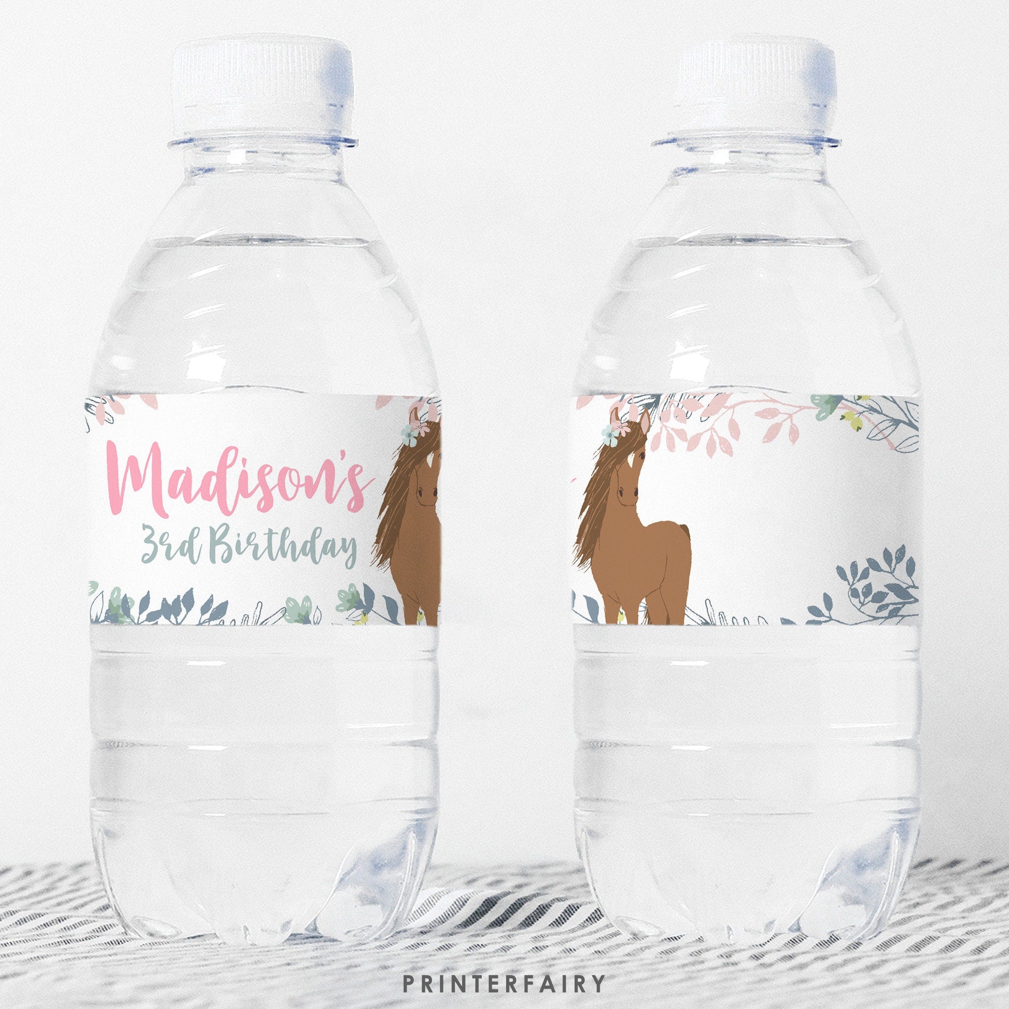 Floral Horse Birthday Water Bottle Labels, Editable (Digital Download)