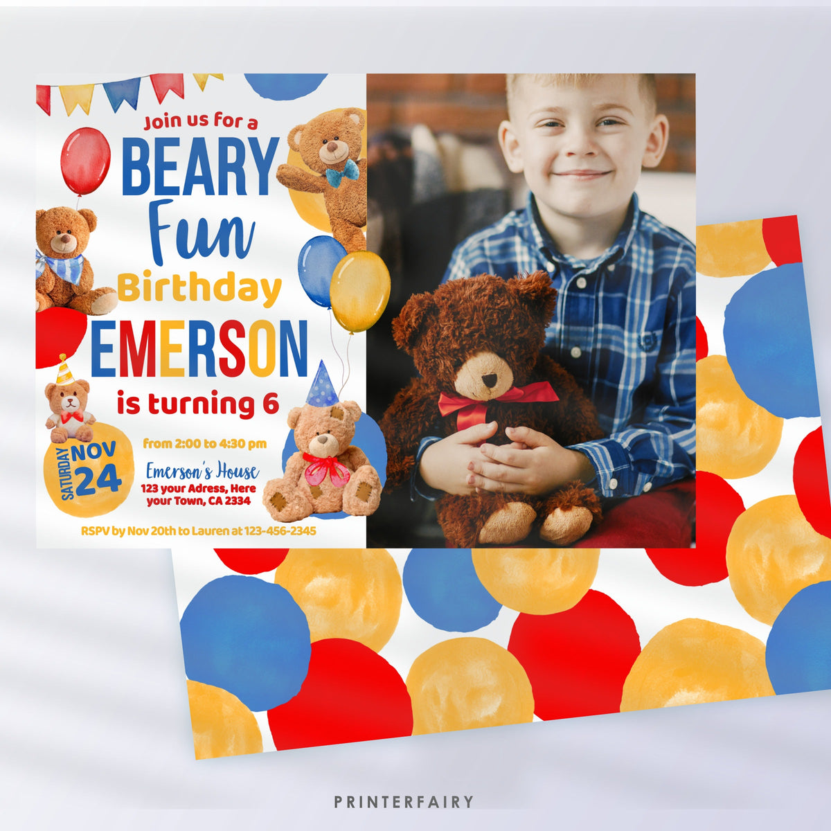 Teddy Bear Photo Birthday Invitation, Editable Printable