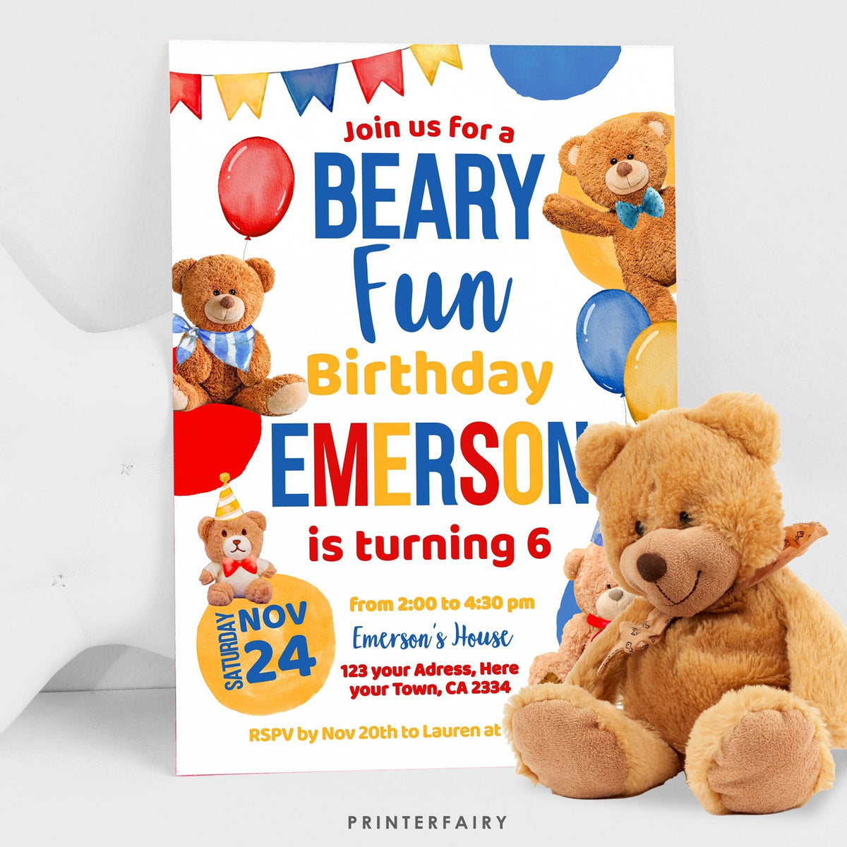 Bear Birthday Invitation, Editable Beary Fun Party Invite (Digital Item)