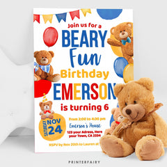 Bear Birthday Invitation, Editable Beary Fun Party Invite (Digital Item)