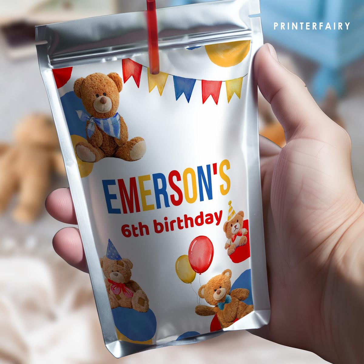Teddy Bear Birthday Party Drink Pouch Label, EDITABLE (Digital Item)
