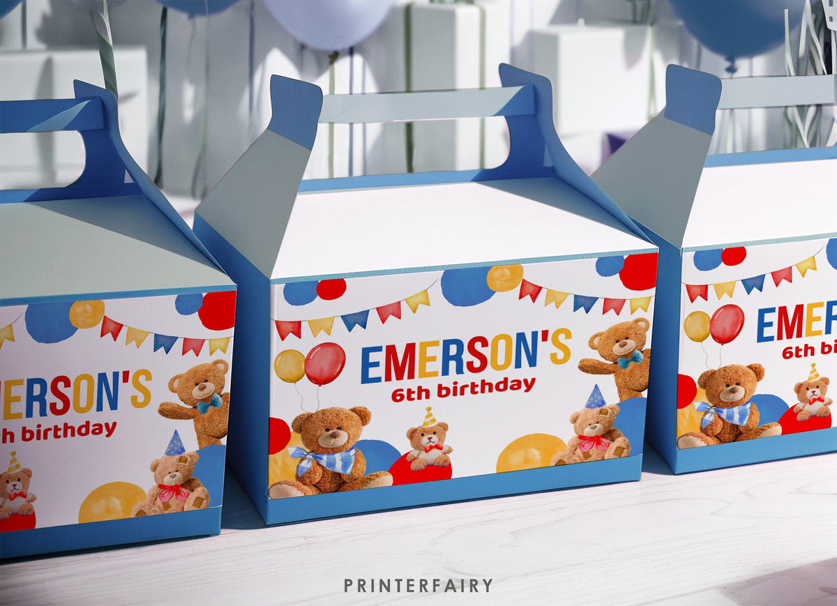Bear Birthday Party Favor Box Label, Editable Gable Box (Digital Item)