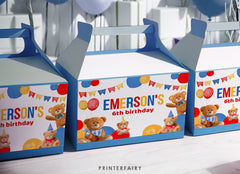 Bear Birthday Party Favor Box Label, Editable Gable Box (Digital Item)