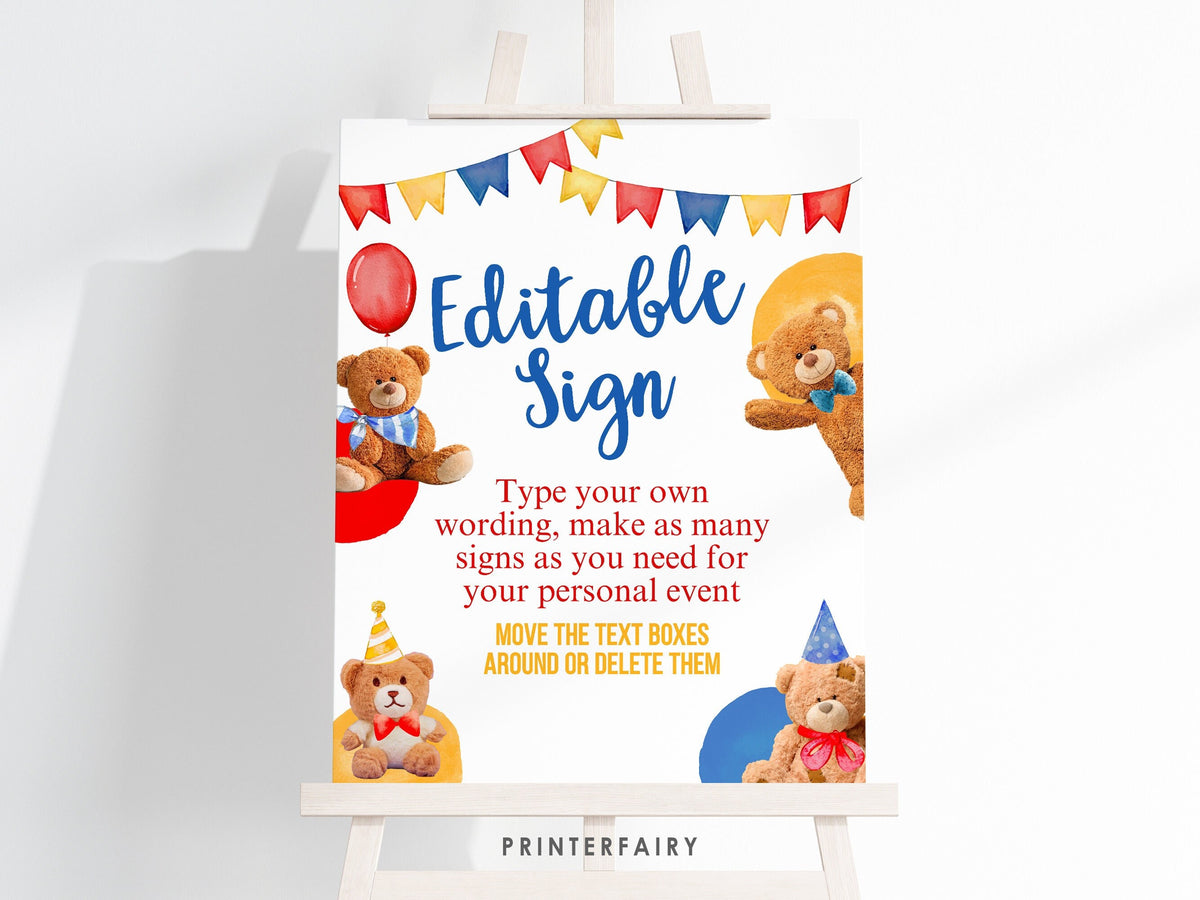 Bear Birthday Party Editable Welcome Sign (Digital Download)