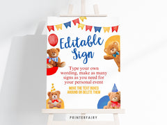 Bear Birthday Party Editable Welcome Sign (Digital Download)