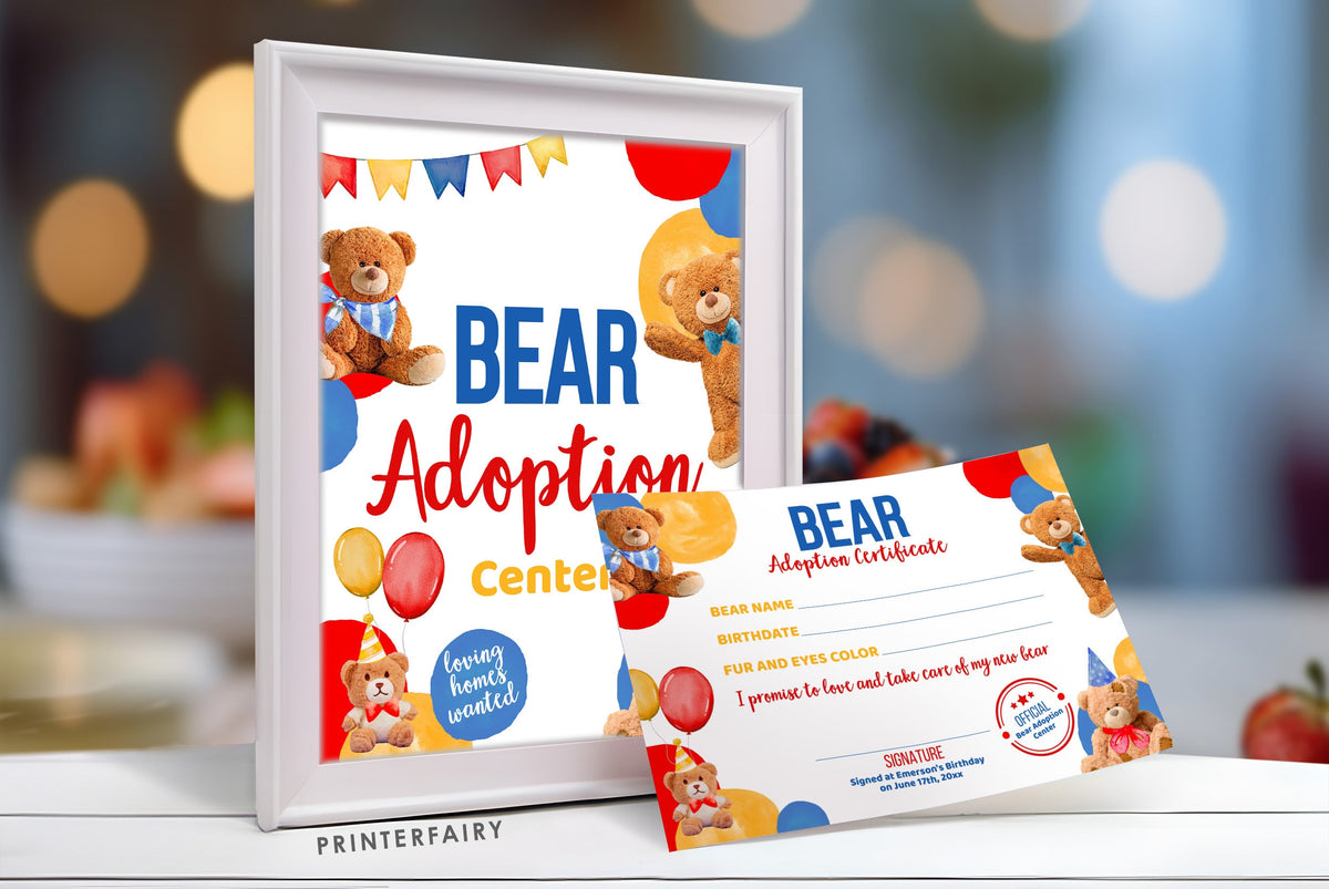 Bear Adoption Sign and Certificate, Editable Birthday Party Decor (Digital Download)