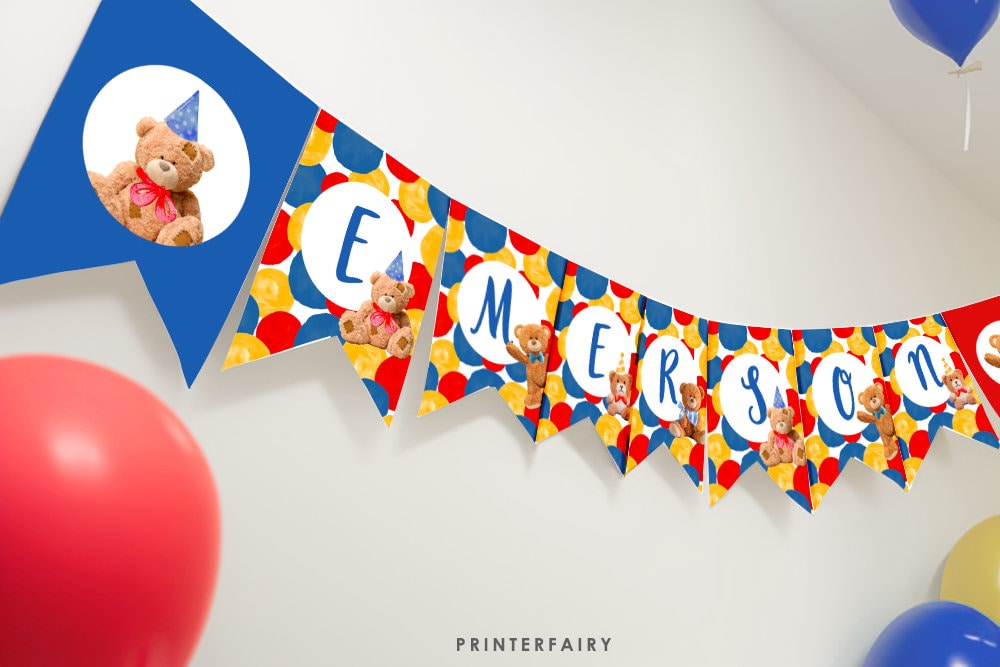 Bear Birthday Party Banner, Editable Garland (Digital Download)