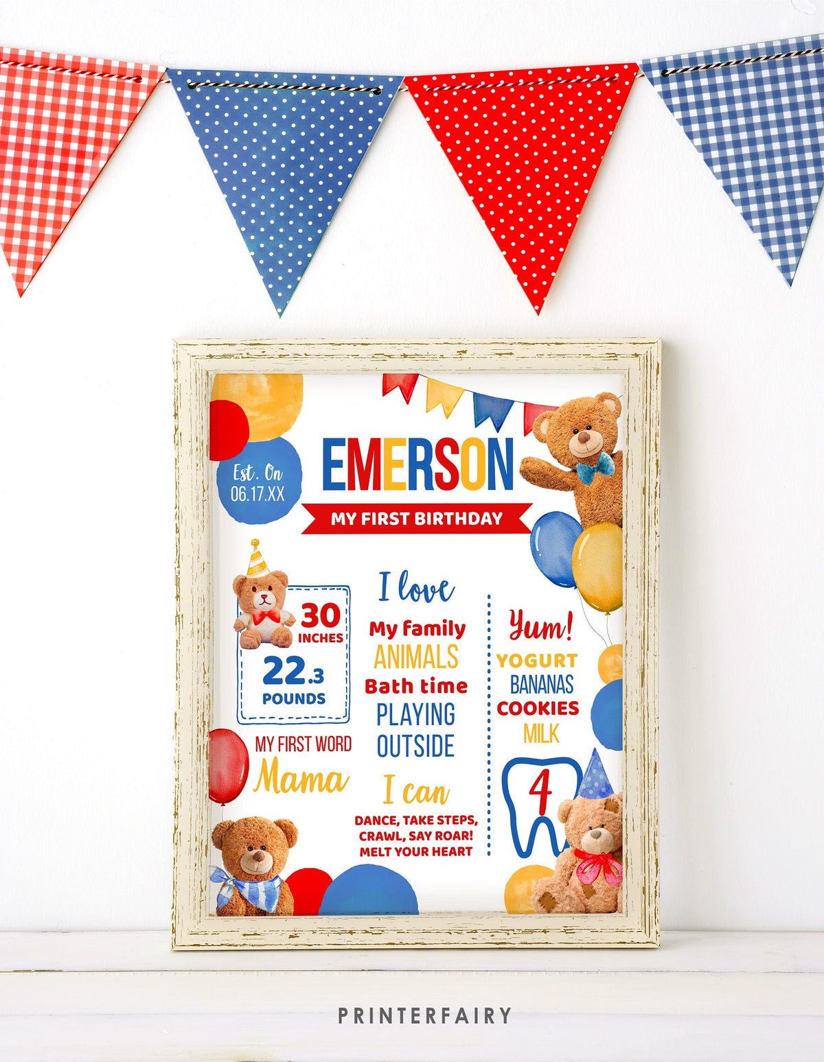Bear First Birthday Stats Board, Teddy Bear Party (Editable Digital Item)