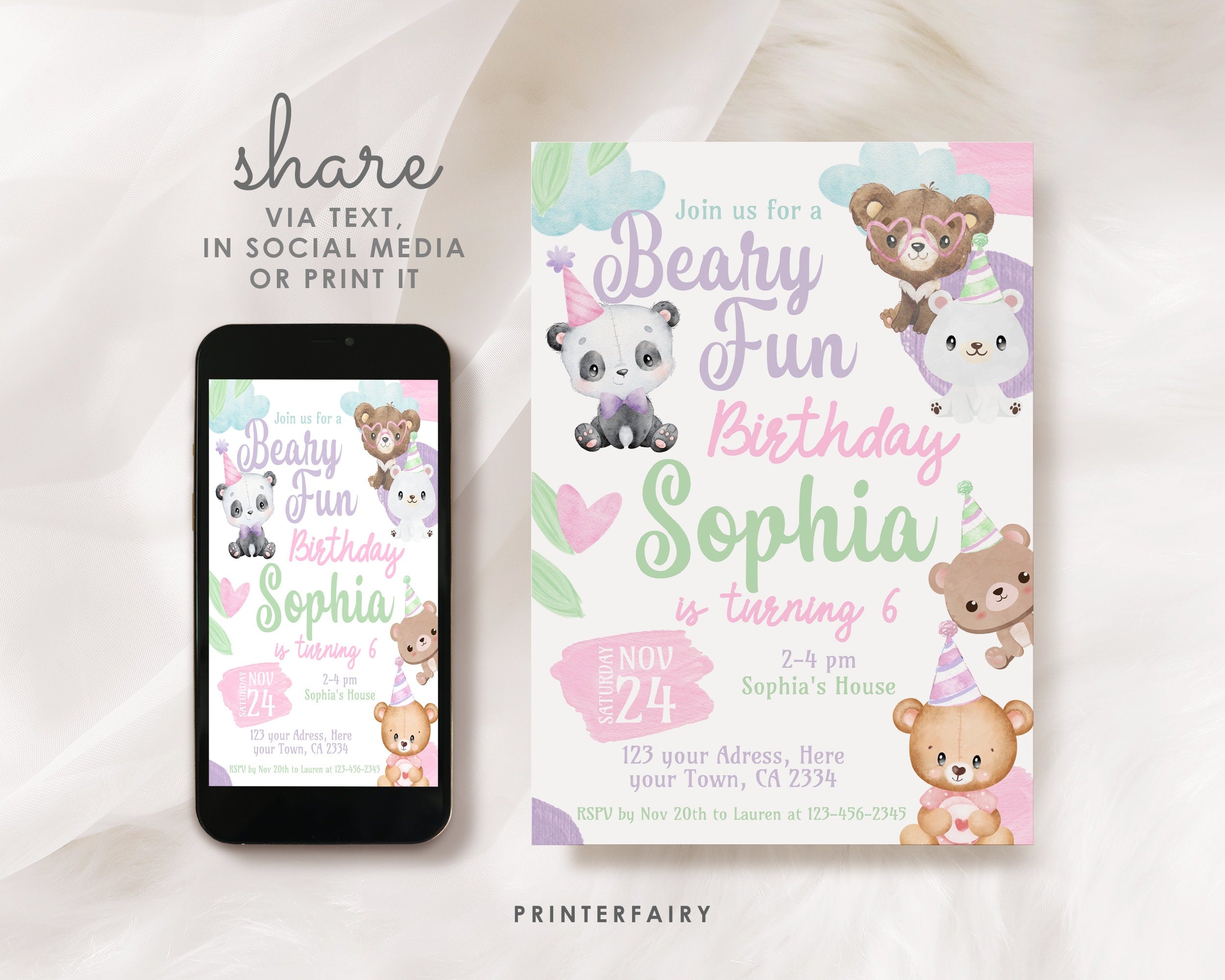 Editable Bear Birthday Invitation, Beary Fun Party, Teddy Bear Theme (Digital Download)