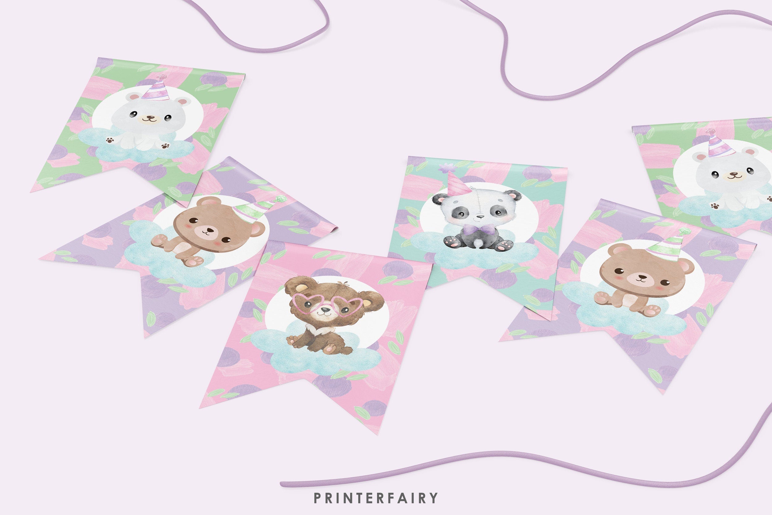 Bear Happy Birthday Banner Editable Template to add your own text, INSTANT DOWNLOAD