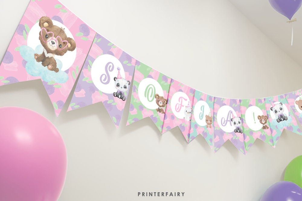 Bear Happy Birthday Banner Editable Template to add your own text, INSTANT DOWNLOAD