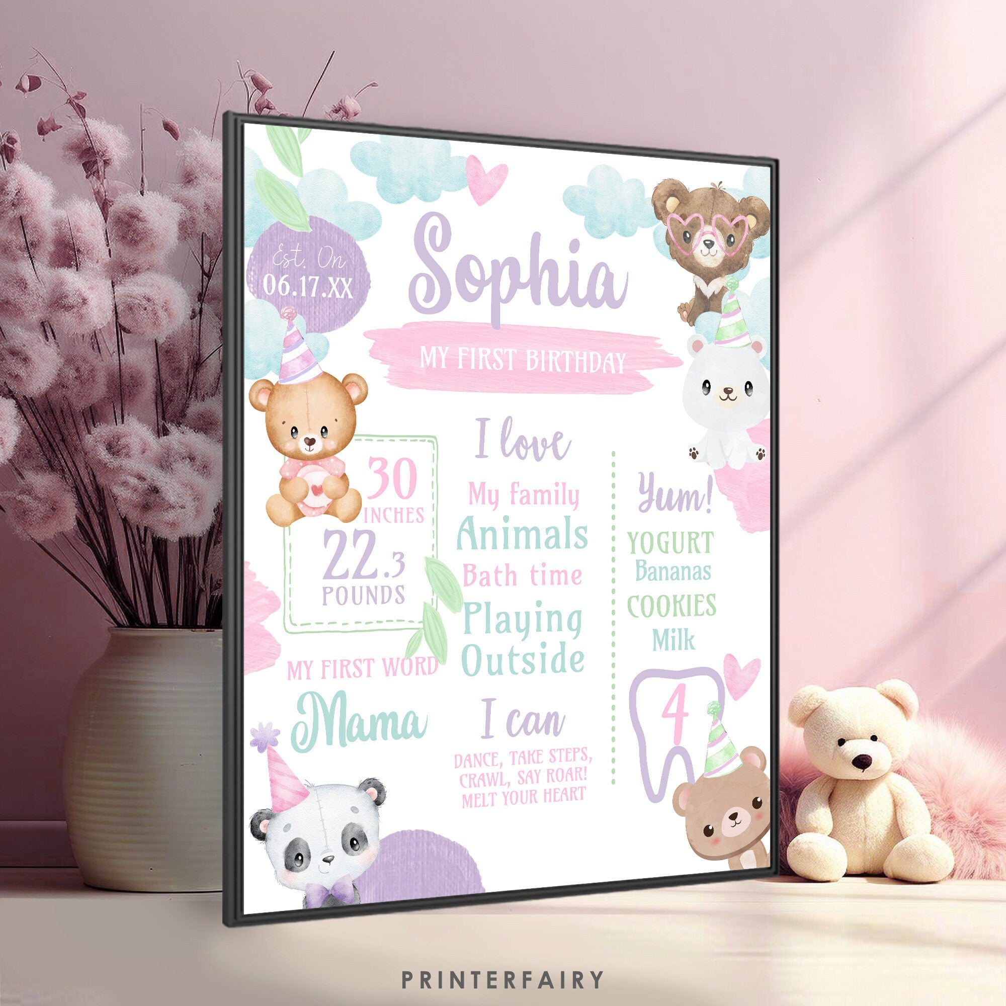 Teddy Bear First Birthday Milestones Sign Editable Template, INSTANT DOWNLOAD