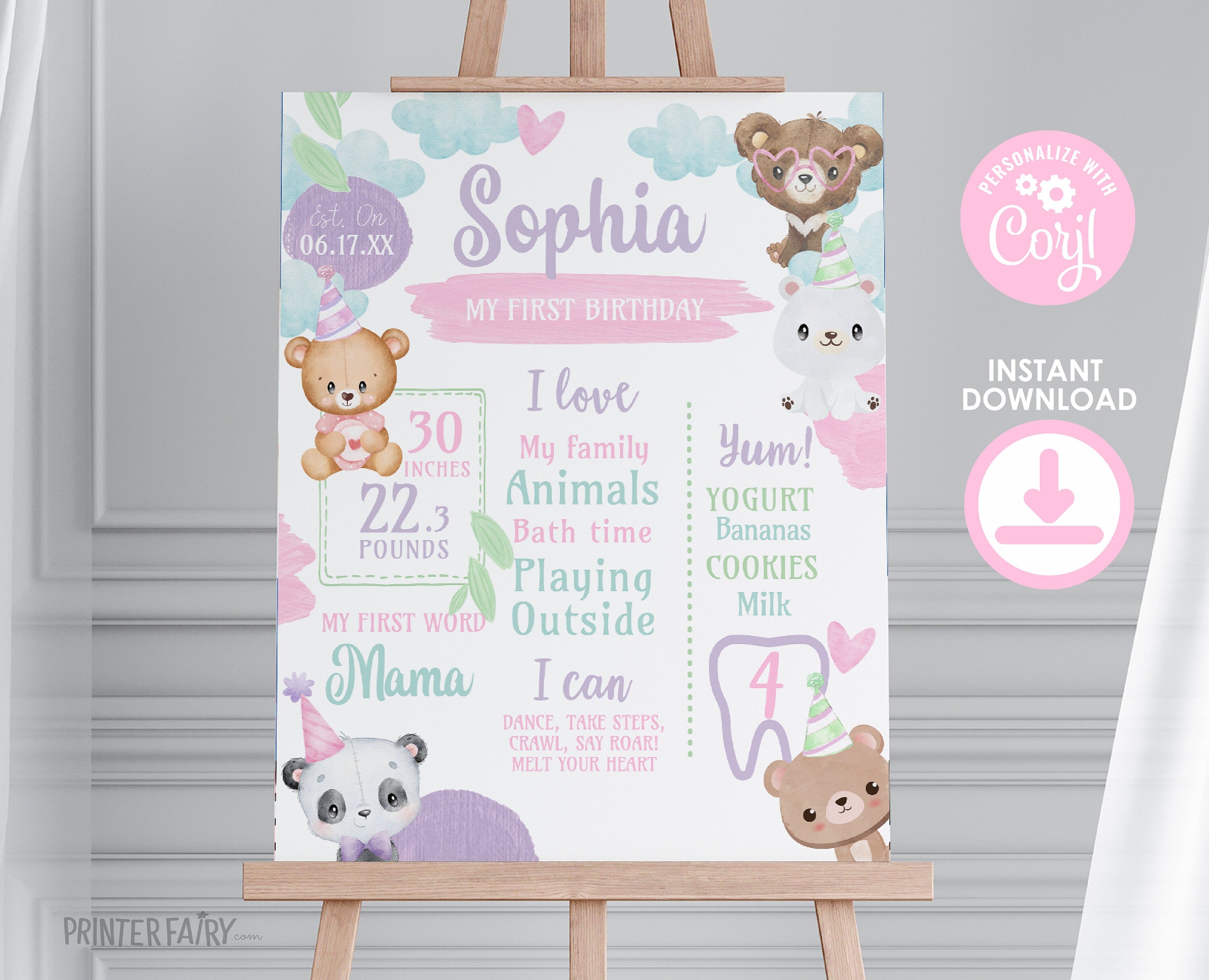 Teddy Bear First Birthday Milestones Sign Editable Template, INSTANT DOWNLOAD