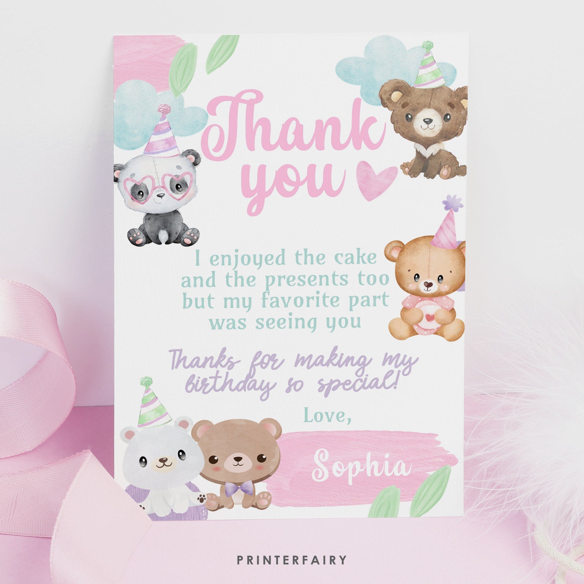 Bear Birthday Thank You Card Editable Template, Printable or Digital, INSTANT DOWNLOAD