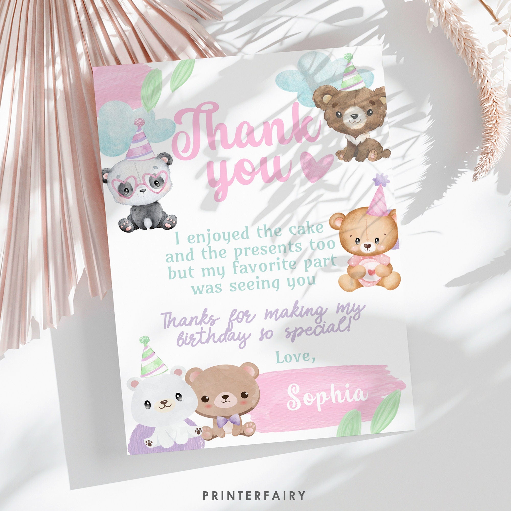 Bear Birthday Thank You Card Editable Template, Printable or Digital, INSTANT DOWNLOAD