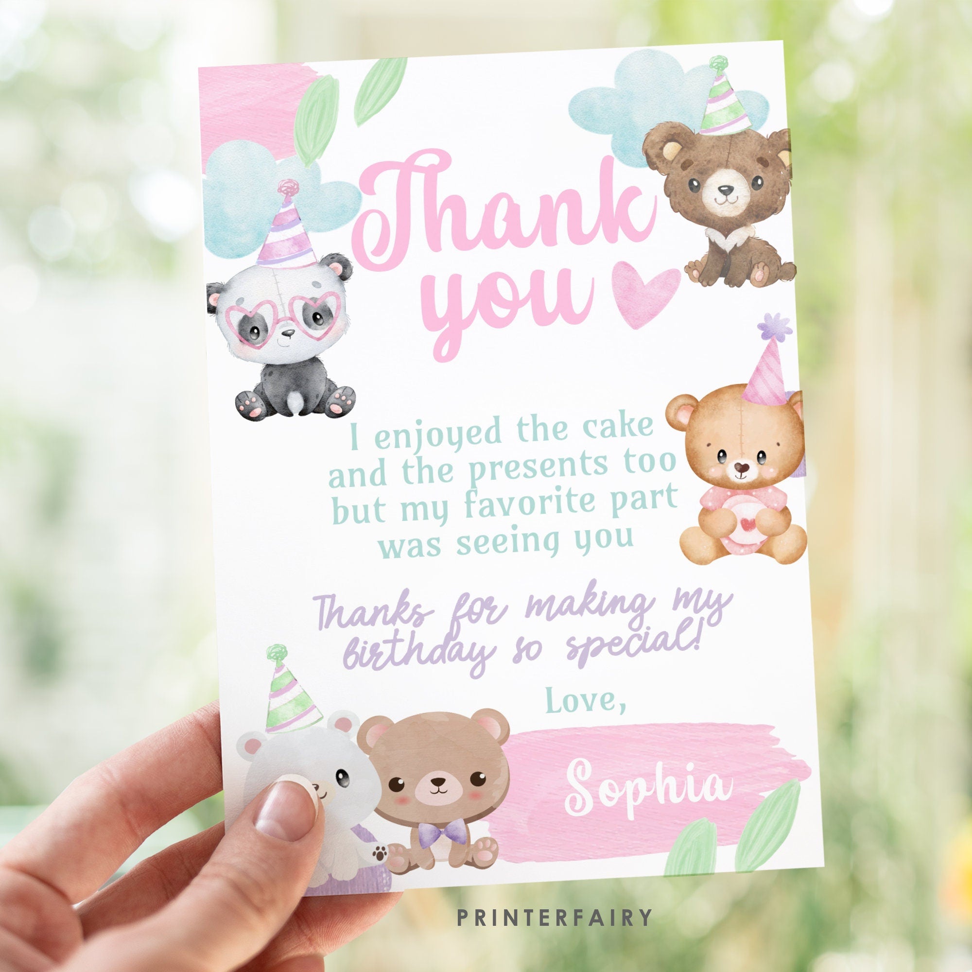 Bear Birthday Thank You Card Editable Template, Printable or Digital, INSTANT DOWNLOAD
