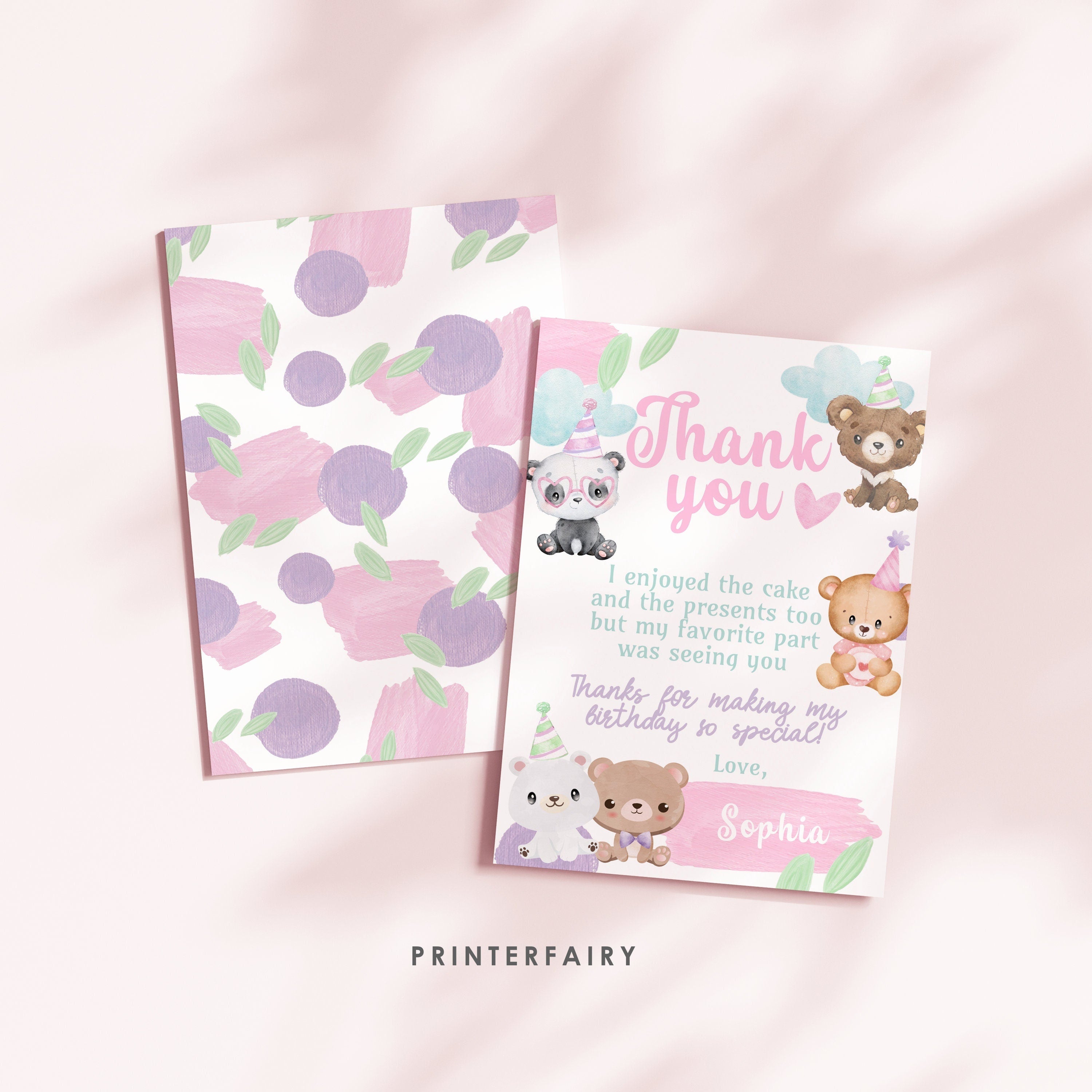 Bear Birthday Thank You Card Editable Template, Printable or Digital, INSTANT DOWNLOAD