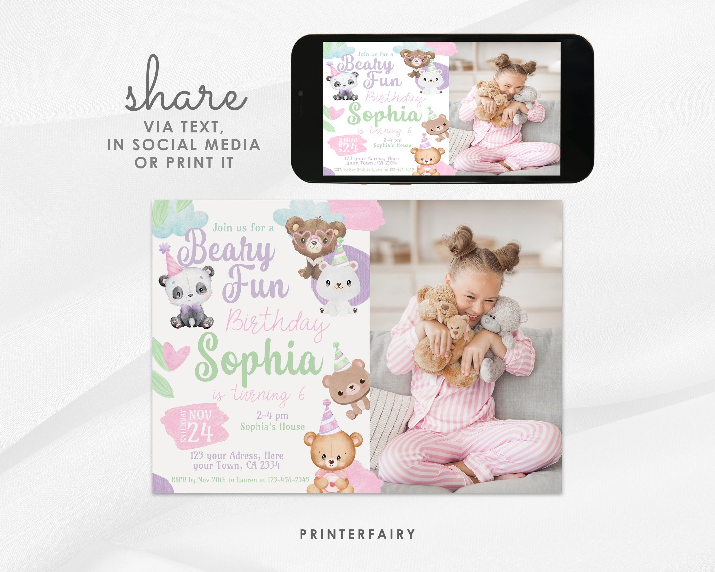 Bear Birthday Invitation with Photo, Editable (Digital Item)