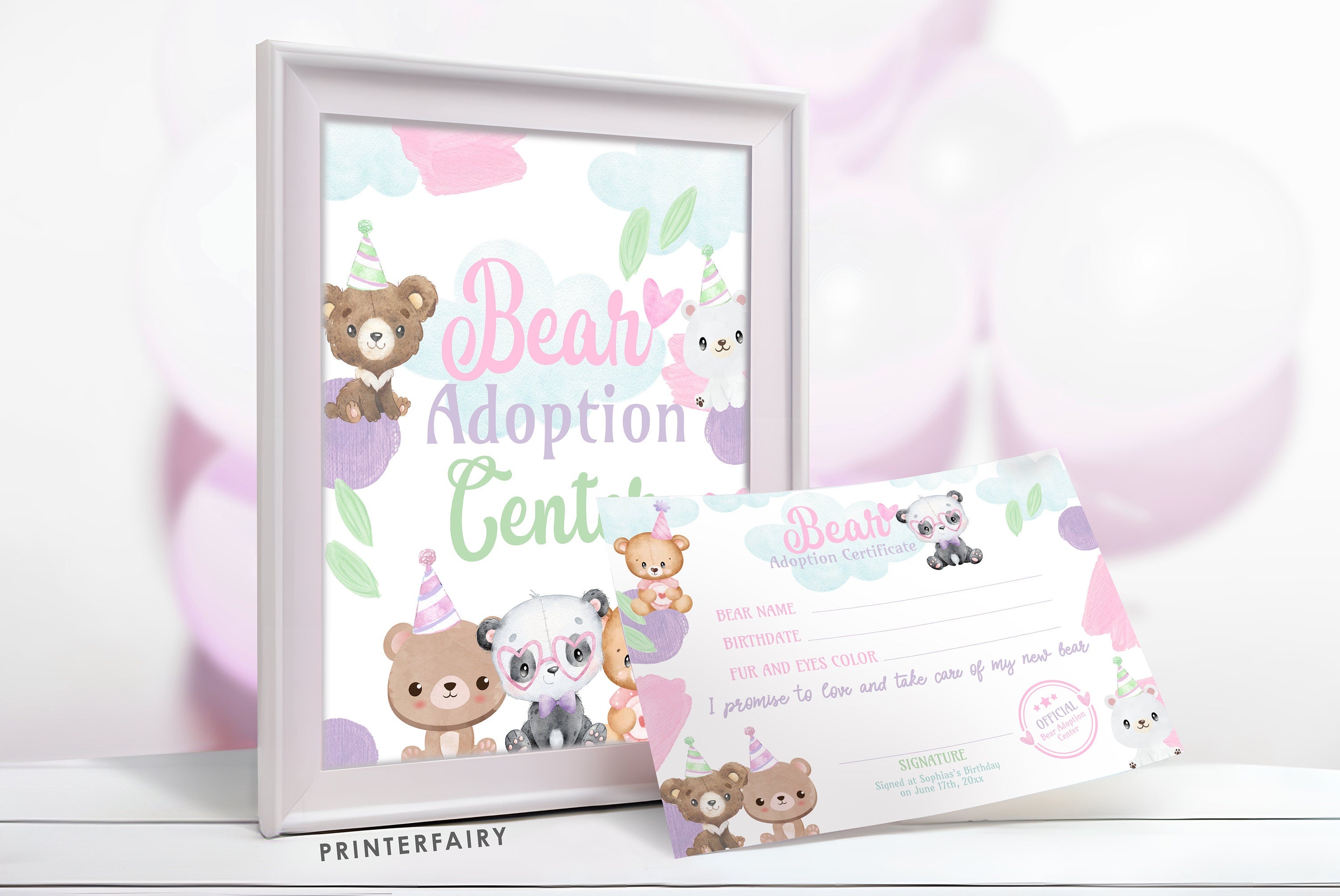Bear Adoption Party Sign and Certificate Pet Adopt Editable Templates, Instant Download