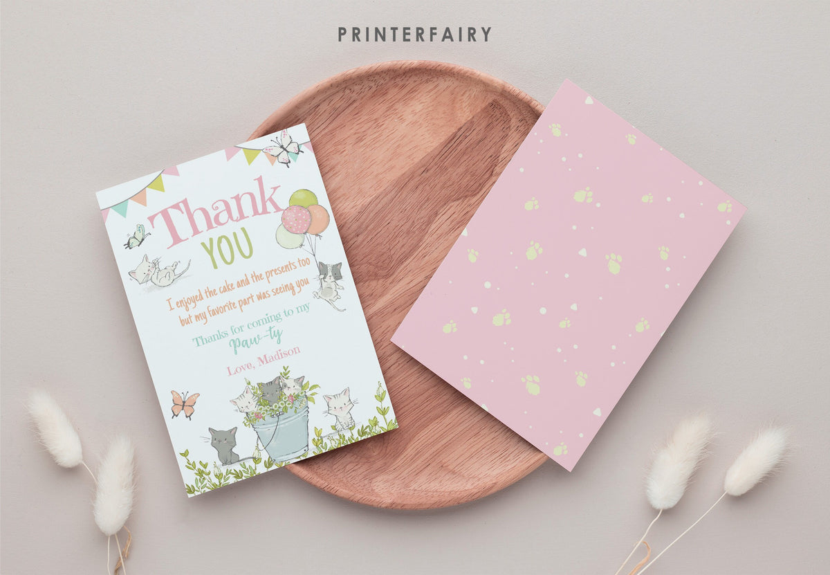 Kitty Cat Birthday Thank You Card, Kitten Garden Party (Editable, Printable)