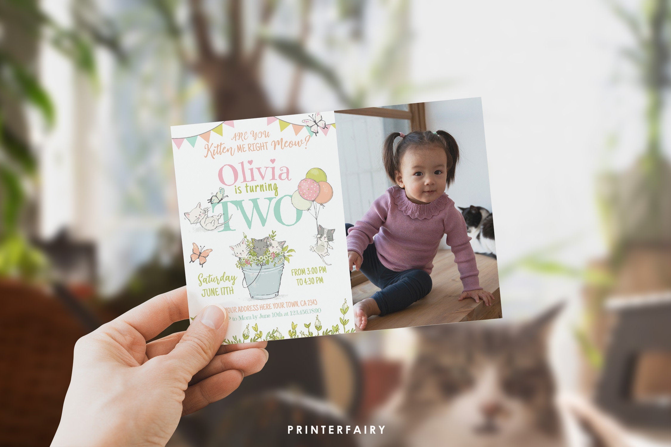 Kitty Cat 2nd Birthday Invitation with Photo, Kitten Garden Party (Editable)