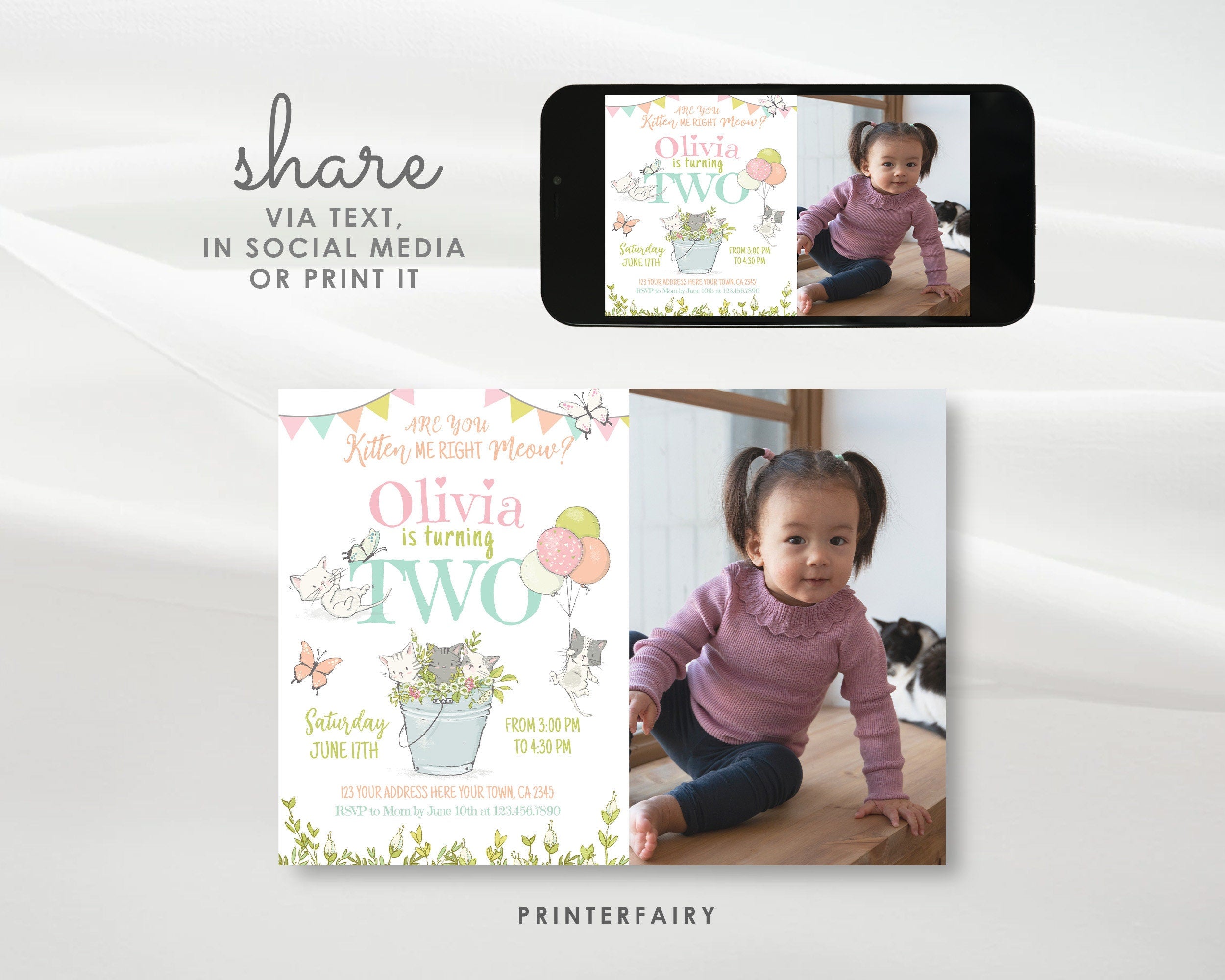 Kitty Cat 2nd Birthday Invitation with Photo, Kitten Garden Party (Editable)