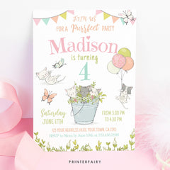 Kitty Cat Garden Birthday Invitation, Editable Printable